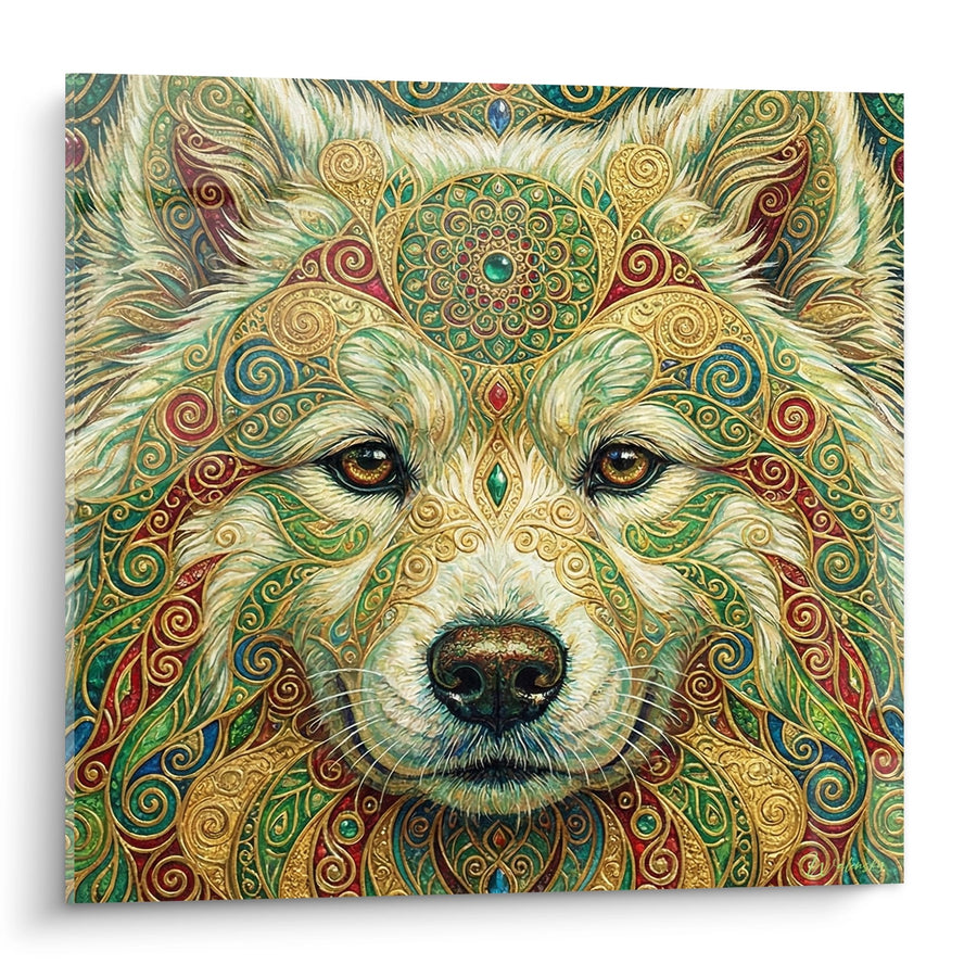 Tableau Samoyède Ornements Dorés Mandala Vert - Portrait Mystique - Edition Samoyede