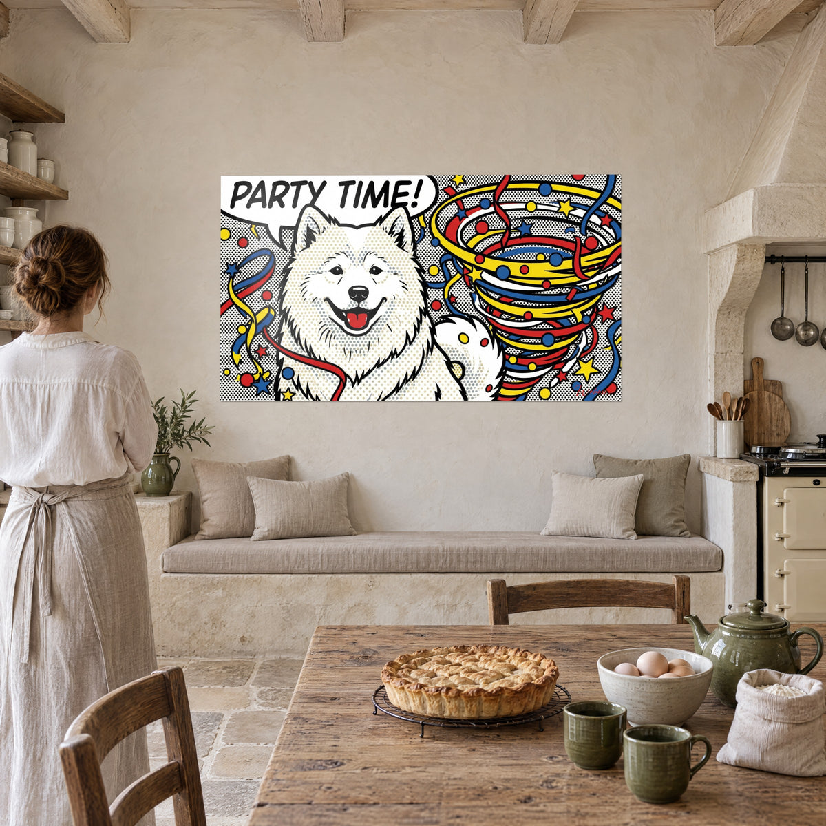 Portret van een witte noordse hond op een zwarte stippenachtergrond, blauwe en rode linten, rustieke keuken van steen