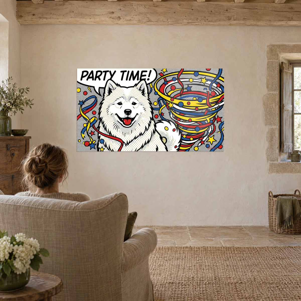 Schilderij van een feestende witte husky met dikke zwarte contouren, blauwe en gele confetti in spiraal, woonkamer van een landhuis