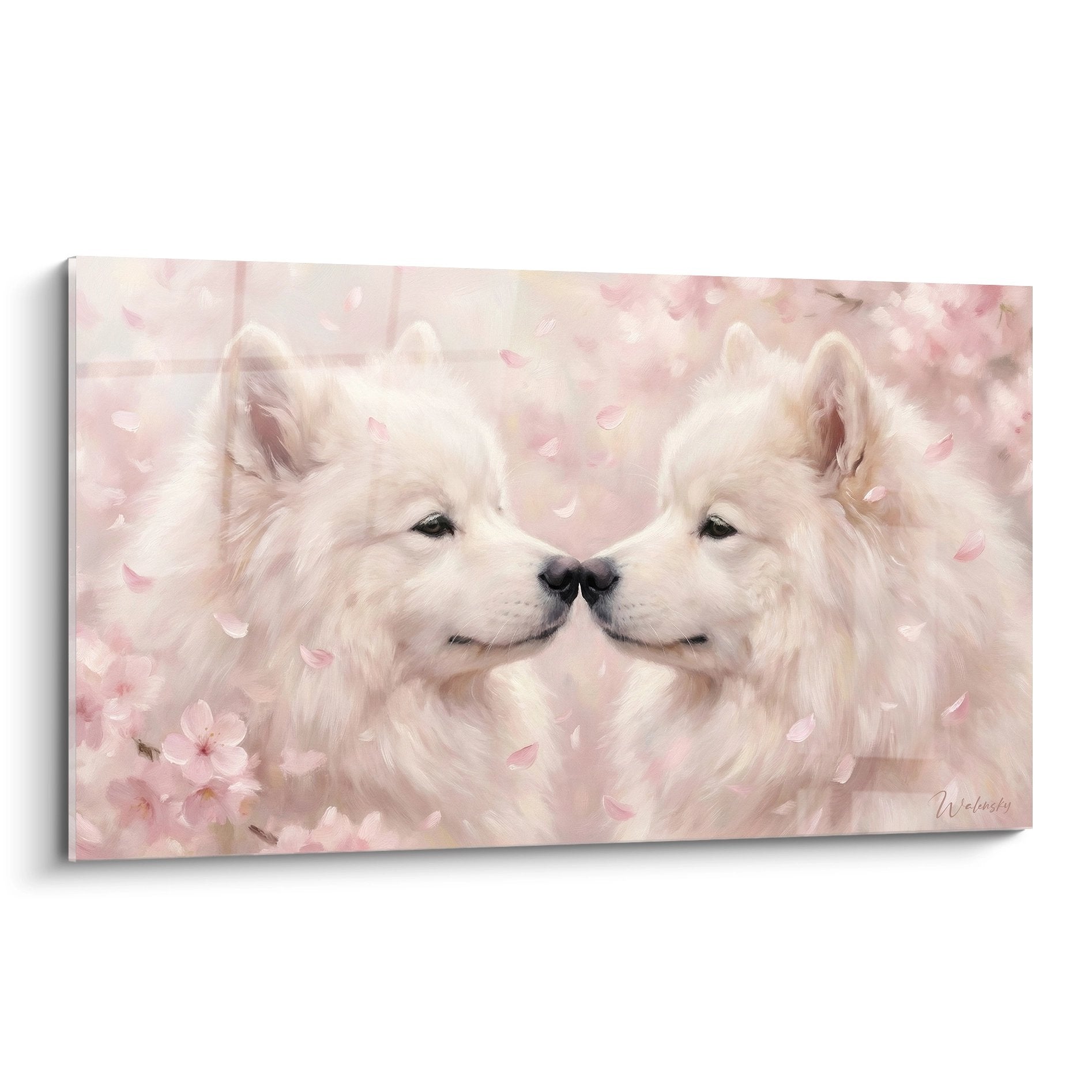 Tableau artistique deux chiens Samoyèdes blancs museaux qui se touchent pétales roses cerisier arrière-plan poudré