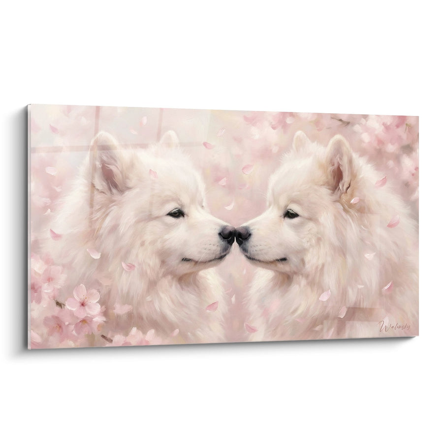 Tableau Deux Samoyèdes Blancs dans les Pétales de Cerisier - Tendresse Partagée - Edition Samoyede
