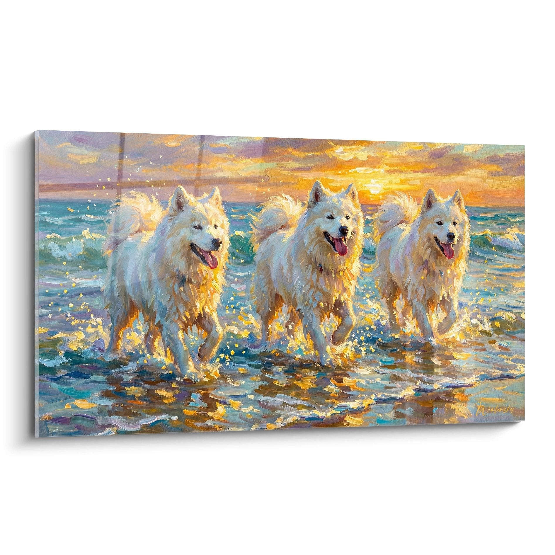 Tableau trois samoyèdes blancs courant dans vagues dorées au coucher soleil peinture maritime joyeuse