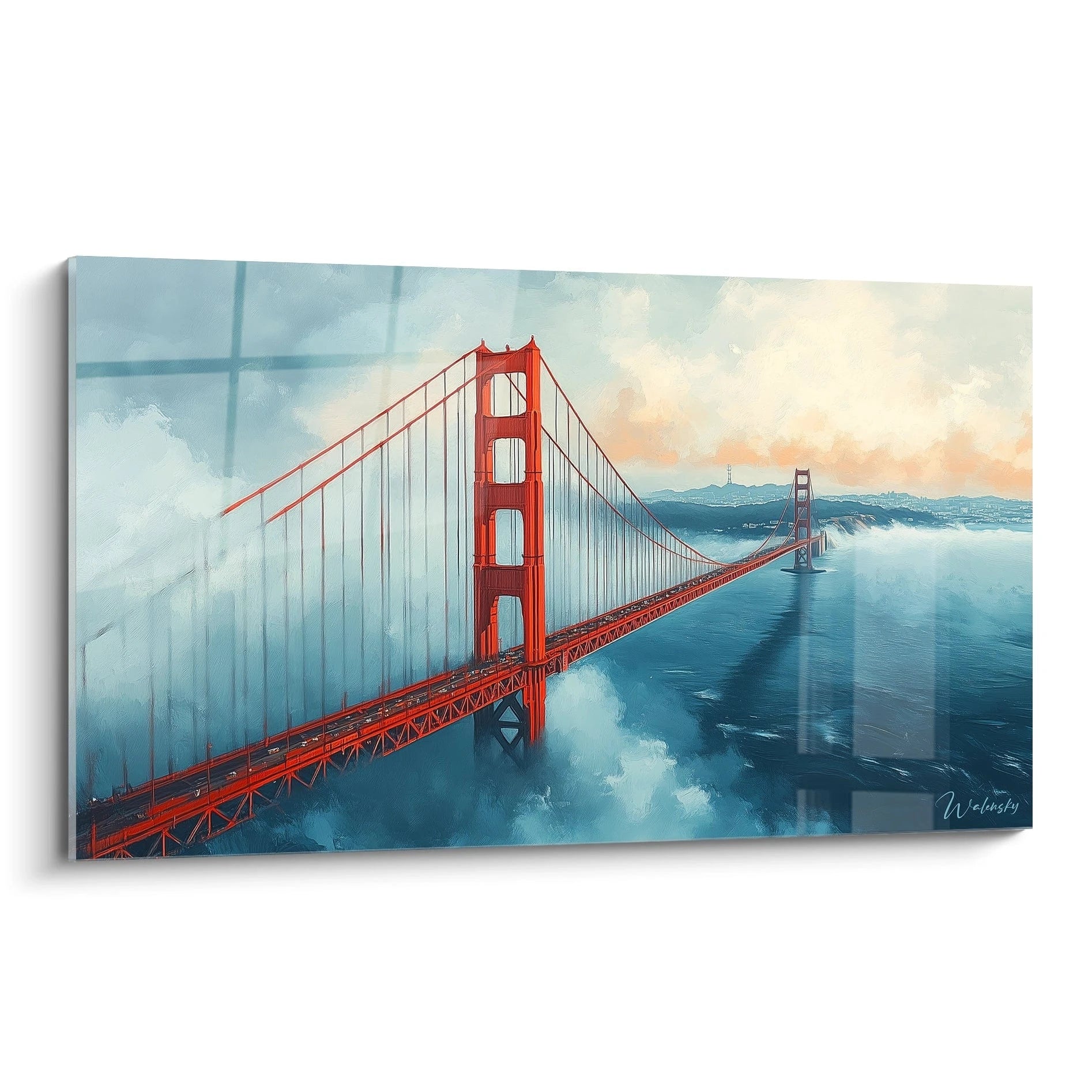 Un tableau pont suspendu représentant le Golden Gate Bridge, avec sa structure rouge vif traversant une baie aux eaux bleues profondes, partiellement enveloppé de brume, sous un ciel nuageux aux teintes pastel.
