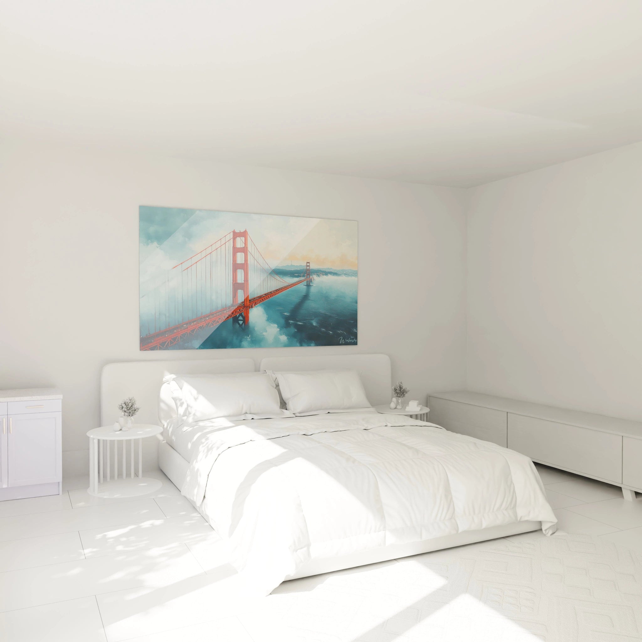 Un tableau San Francisco montrant le célèbre pont Golden Gate, sa silhouette rouge éclatante contrastant avec les bleus de l'océan et du ciel, dans une ambiance brumeuse caractéristique de la baie californienne.
