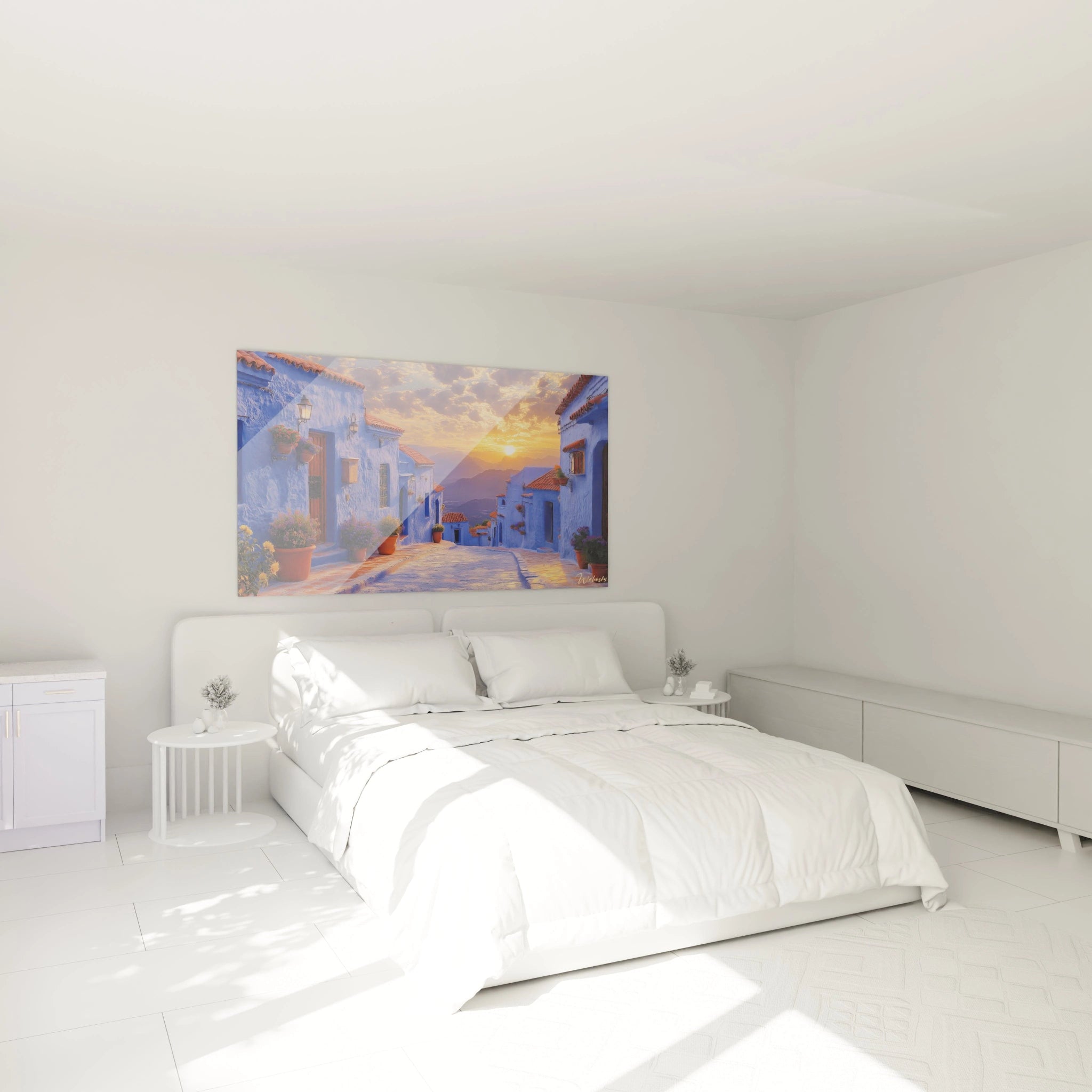 Tableau coucher de soleil montrant une perspective architecturale avec murs bleu indigo dominant, soleil doré central, portes marron et pots de fleurs colorés aux fenêtres.
