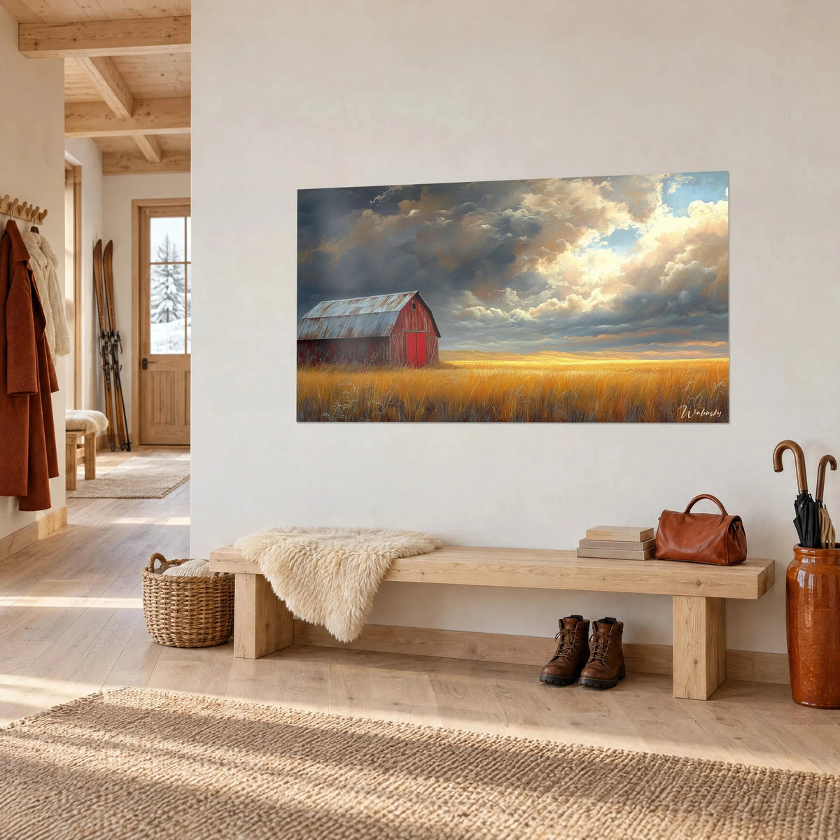 Quadro di una fattoria pastorale con tetto in lamiera argentata, cielo grigio e crema, su una parete bianca sopra una panca di legno
