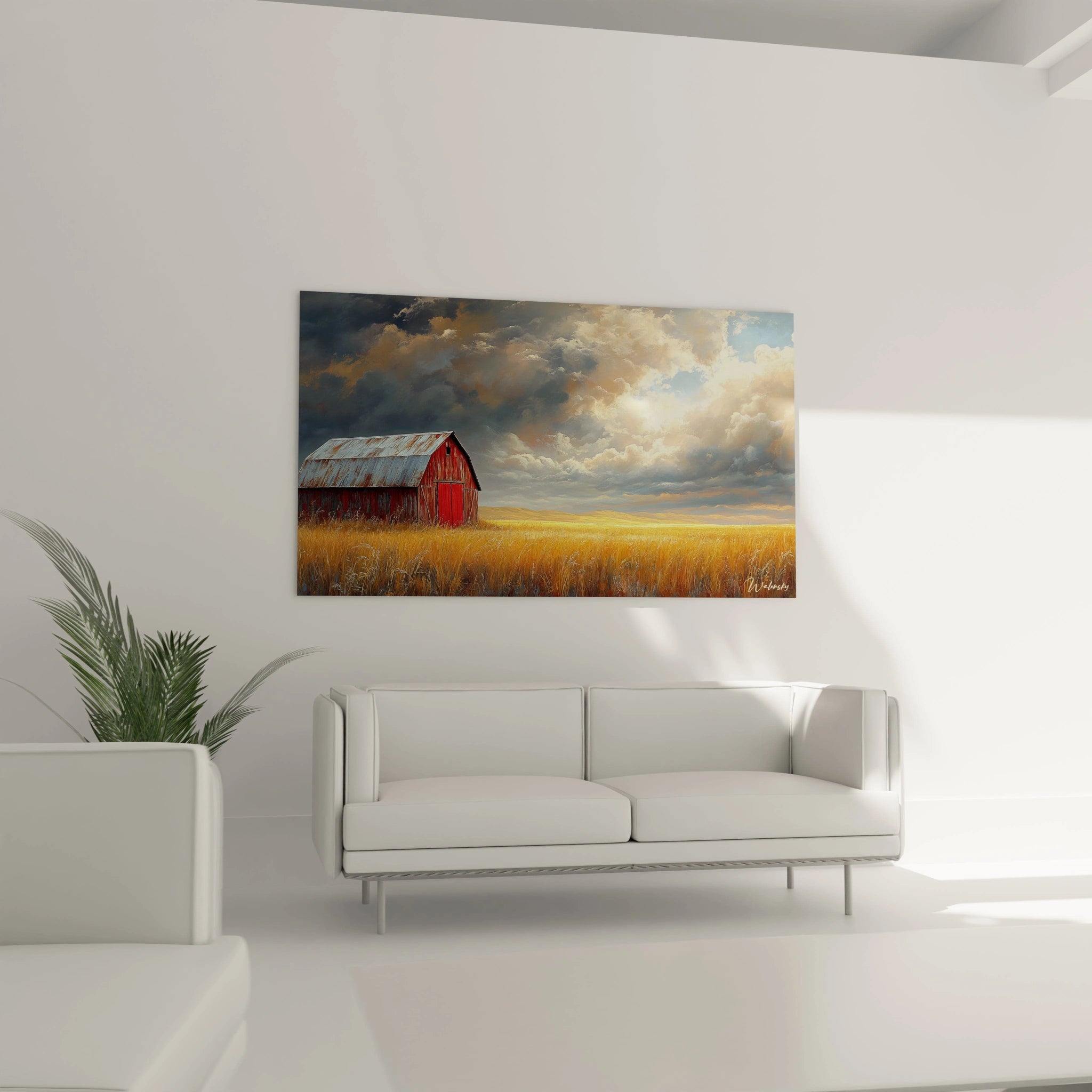 Un tableau grange rustique capturant une structure agricole rouge foncé avec un toit métallique patiné, entourée d'un océan de blé ambré ondulant, sous un ciel imposant où s'entremêlent nuages blancs lumineux et formations plus sombres et menaçantes.
