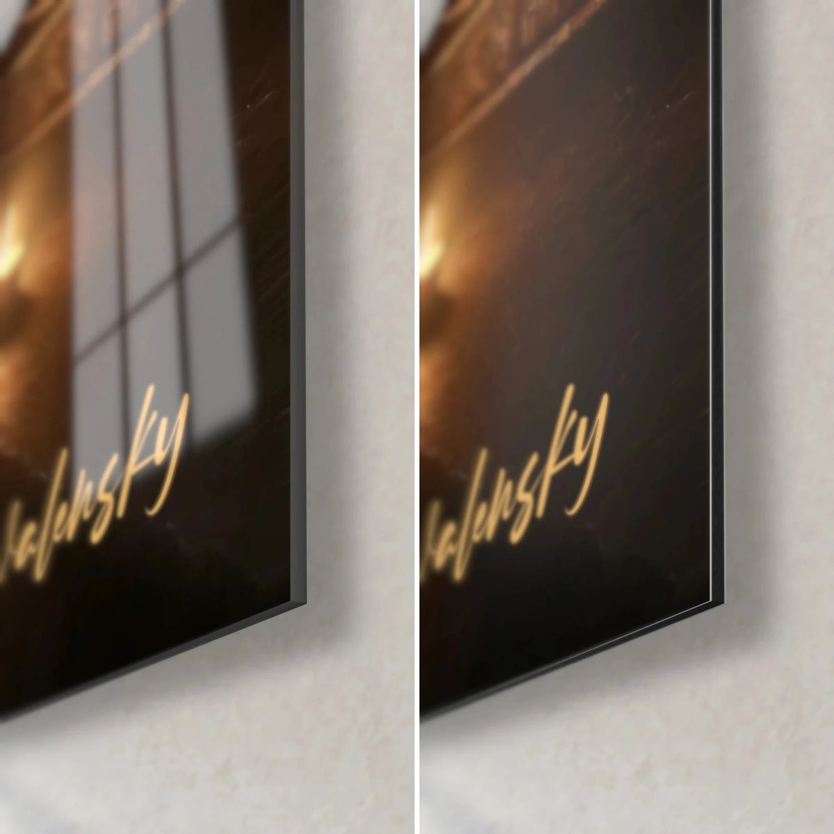 Wall art meditating lotus figure on amber and brown tones, bottom right corner: glossy acrylic glass on the left, matte Dibond on the right, 3 mm edge