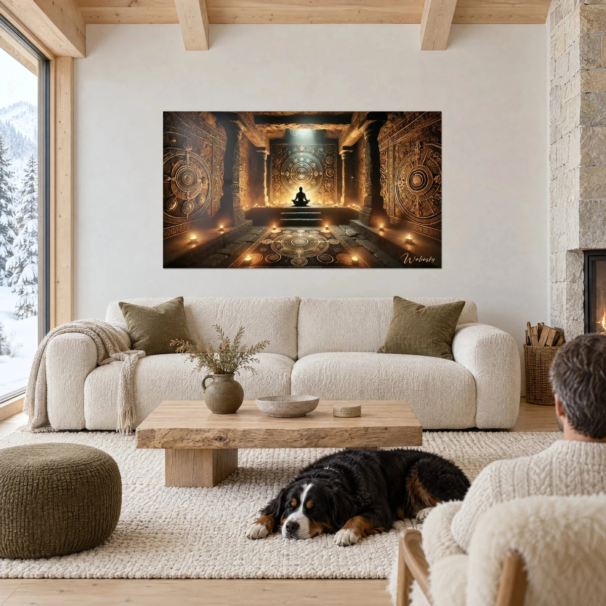Wall art underground sanctuary in ochre and gold, lotus silhouette before a mandala, candles, above a sofa in a bright living room