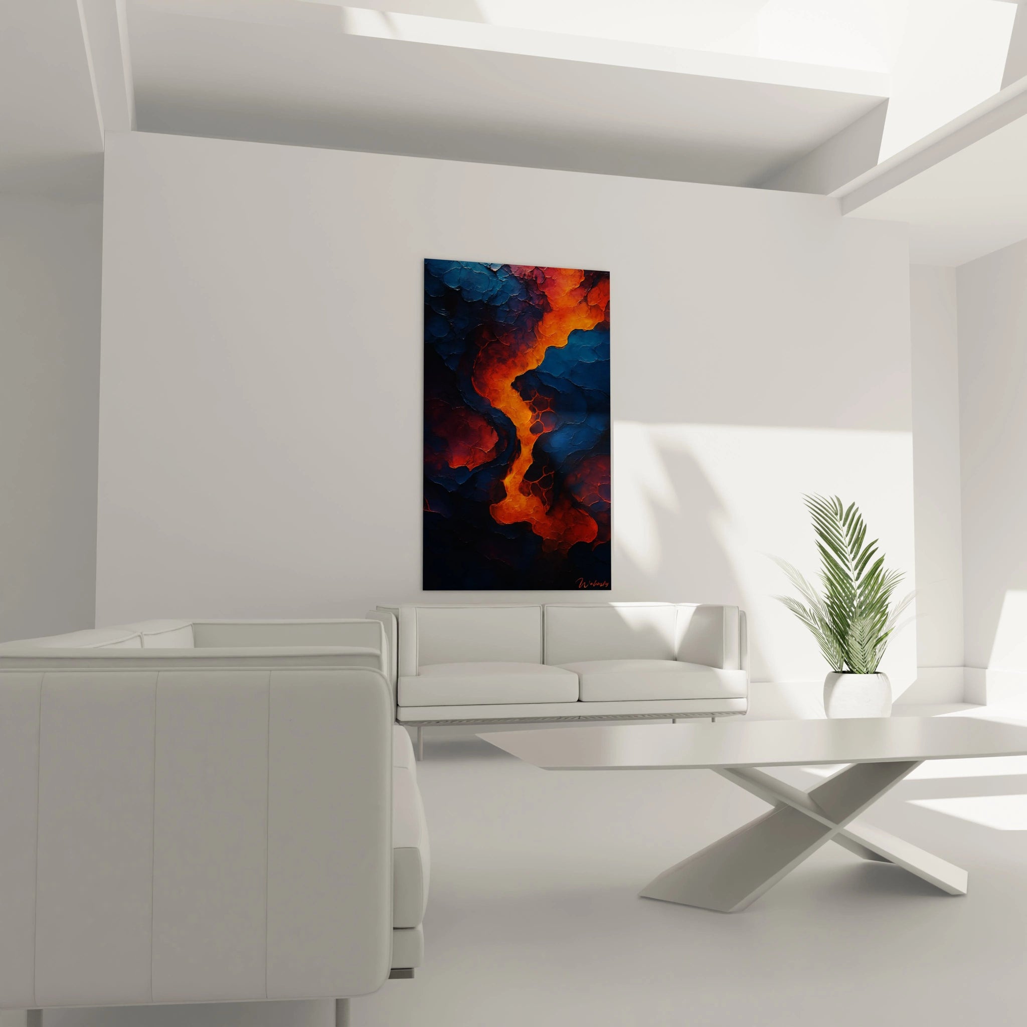 Un tableau abstrait texturé illustrant la rencontre entre le feu et l'eau, dominé par des bleus profonds et des oranges éclatants, avec des reliefs prononcés formant des craquelures qui captent la lumière de façon dramatique.
