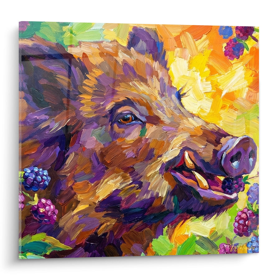 Tableau Sanglier Expressionniste aux Couleurs Vives et Fruits Sauvages - Palette Automnale - Edition Sanglier