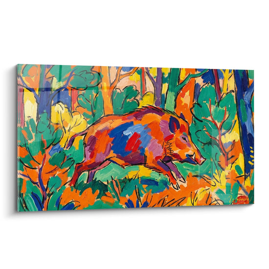 Veelkleurig Wild Zwijn Schilderij in Expressionistisch Bos - Kleurenexplosie - Editie Wild Zwijn
