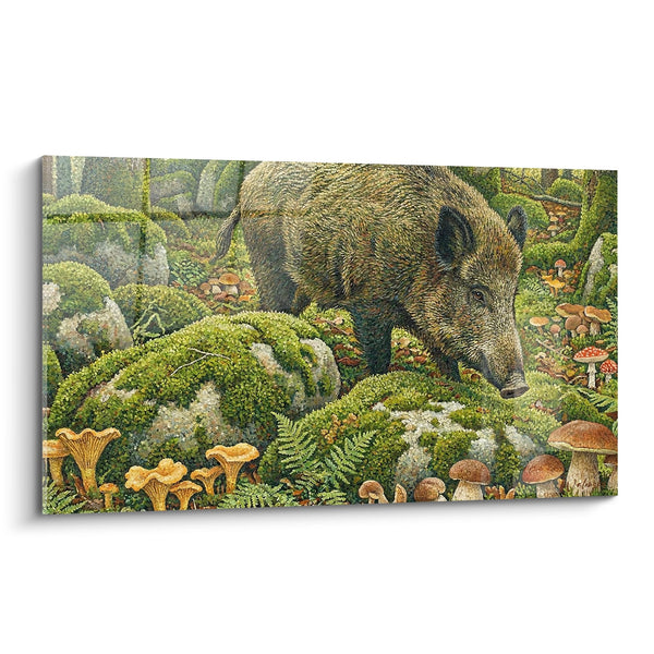 Cuadro de Jabalí en el Musgo del Bosque con Hongos Dorados - Bosque Encantado - Edición Jabalí