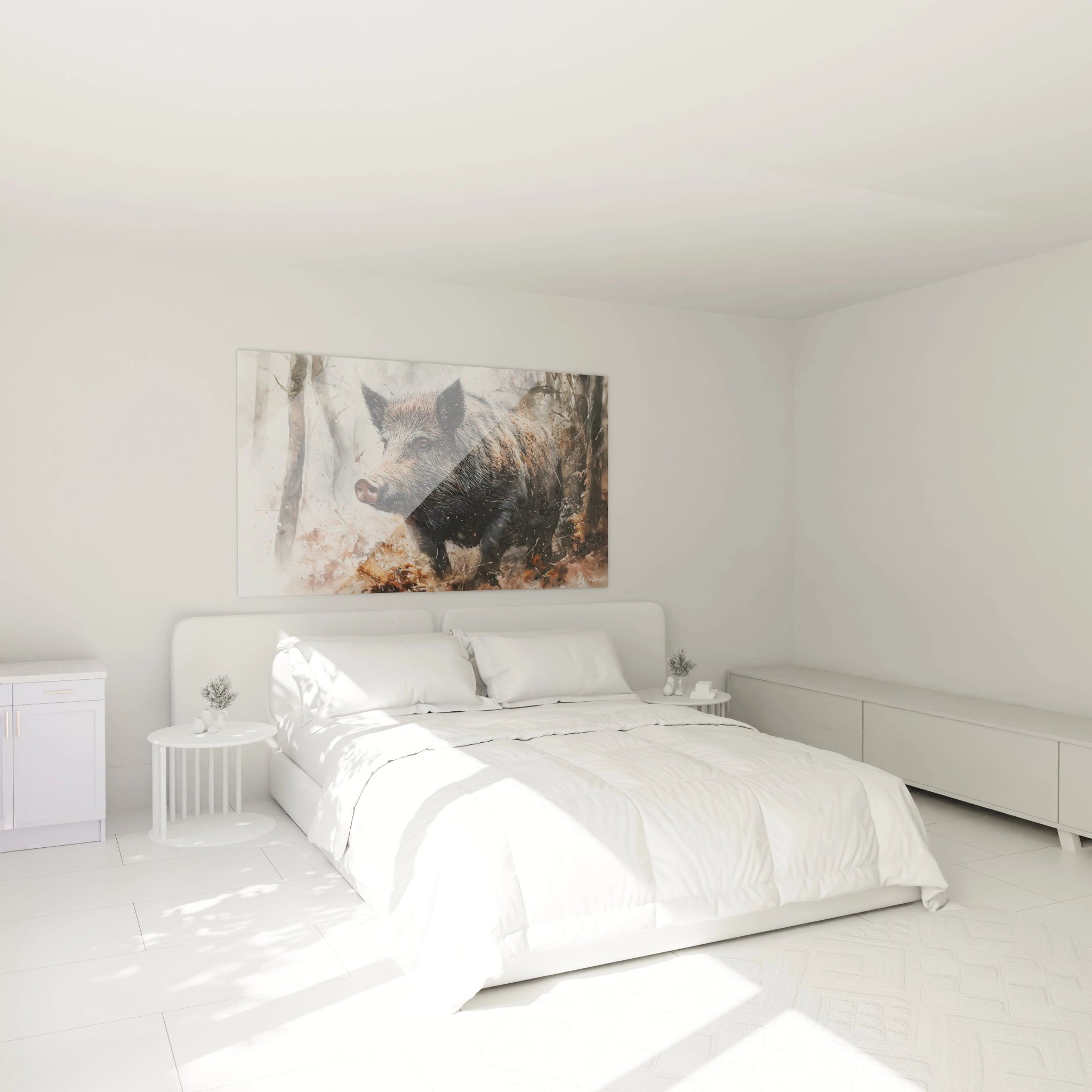 Un tableau sanglier sauvage capturé dans son habitat forestier naturel. Détails minutieux du pelage aux nuances de noir, marron et beige, contrastant avec l'arrière-plan atmosphérique aux textures vaporeux et taches diffuses.
