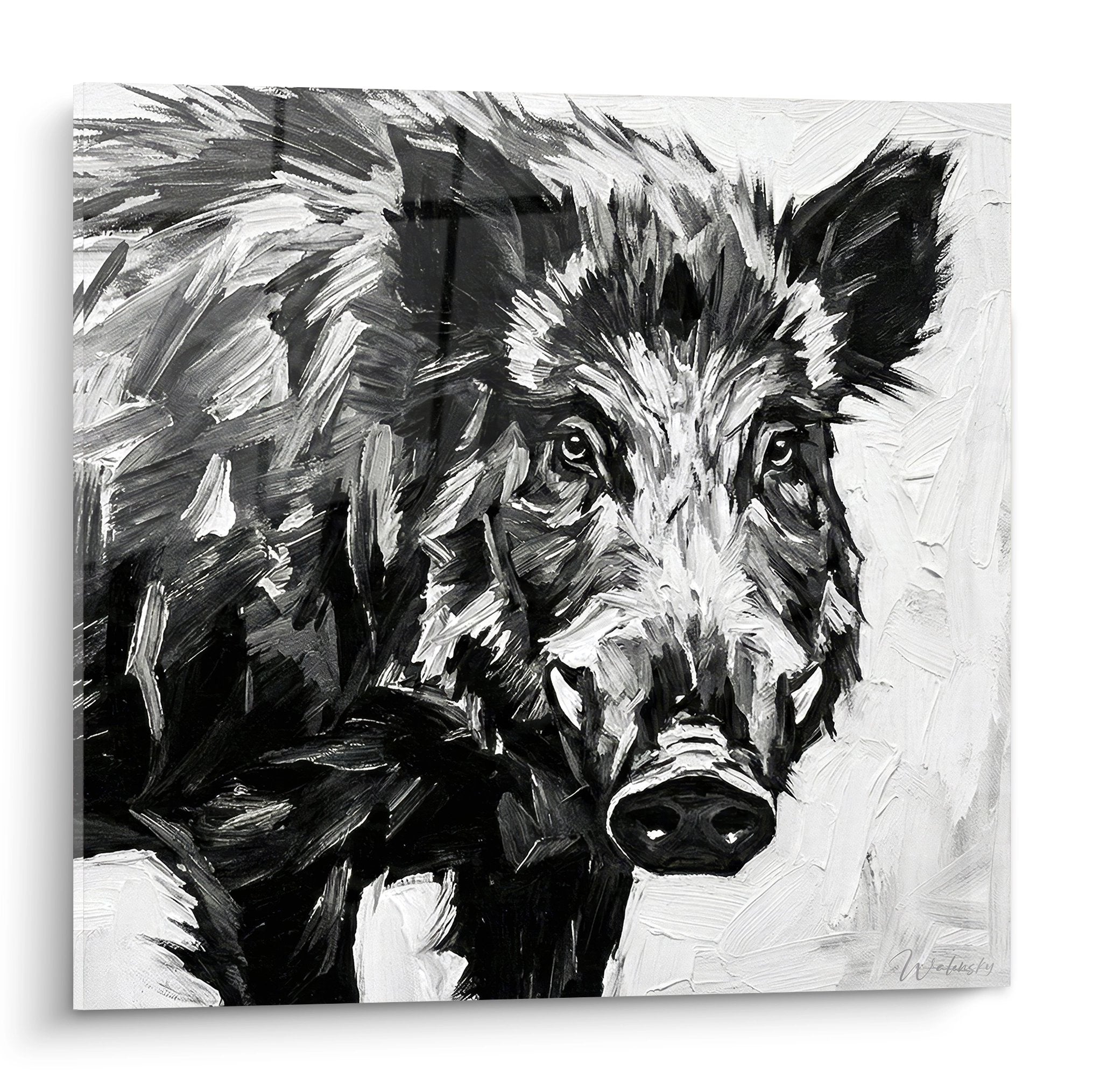 Tableau sanglier noir et blanc aux coups de pinceau expressifs regard intense art animalier