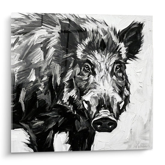 Wild zwijn Schilderij in Zwart-Wit met Expressieve Penseelstreken - Wilde Blik - Editie Wild zwijn