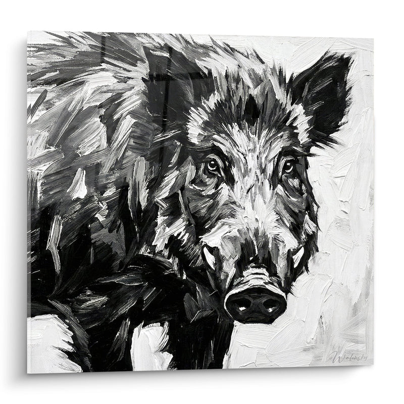 Wild Boar Painting in Black and White with Expressive Brushstrokes - Savage Gaze - Boar Edition