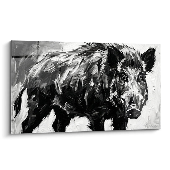 Cuadro Jabalí Blanco y Negro en Pintura Expresionista - Poder Salvaje - Edición Jabalí