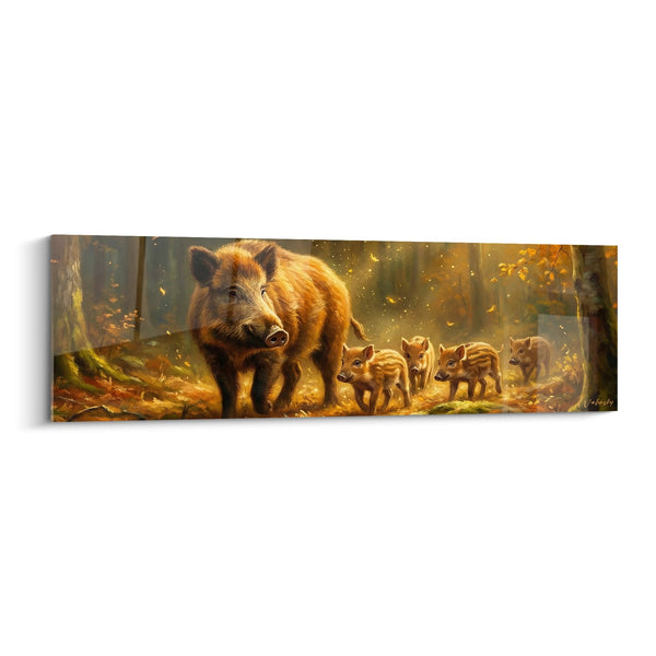 Wild Boar Family Painting with Golden Tones in Autumn Forest - Wild Tenderness - Boar Edition