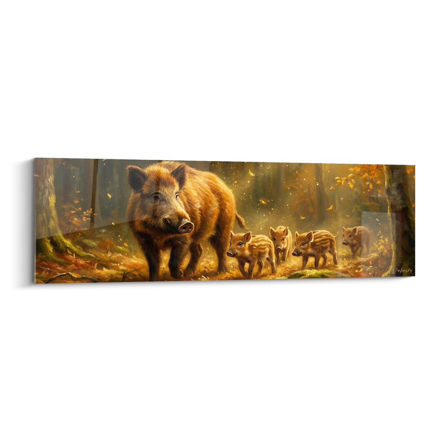 Tableau Famille de Sangliers aux Tons Dorés dans Forêt Automnale - Tendresse Sauvage - Edition Sanglier