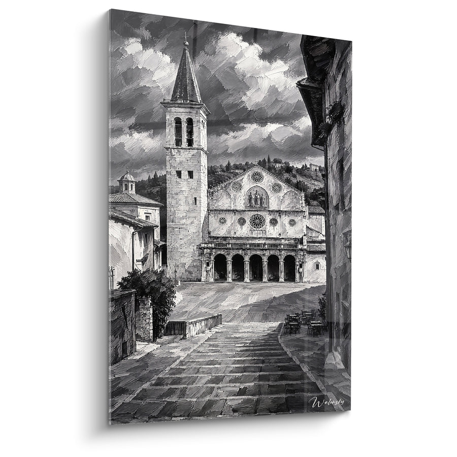 Tableau Cathédrale au clocher noir et blanc - Marche vers l'histoire - Edition Santa Maria Maggiore Ombrie Italie