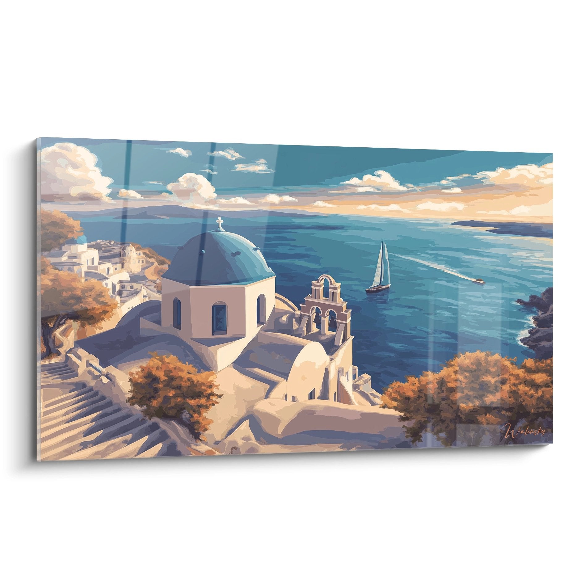 Tableau mural Santorin église grecque dôme bleu face mer Égée paysage Cyclades déco méditerranéenne