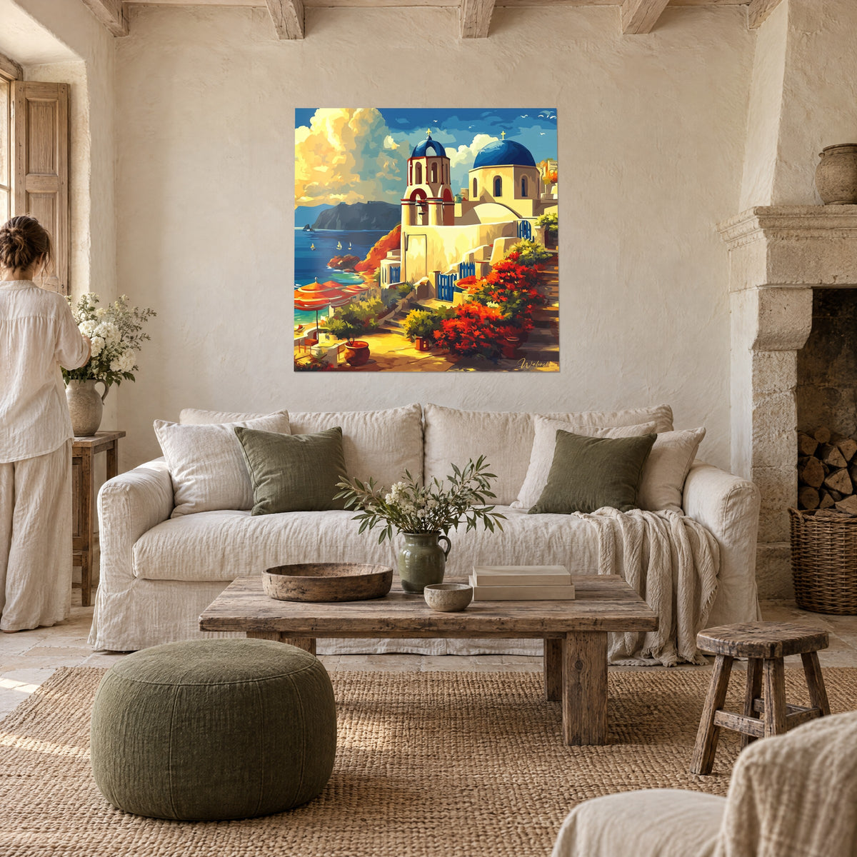 Tableau église aux coupoles bleues sur falaise ocre, bougainvilliers rouges, deux personnes de dos, au-dessus d'un canapé dans un salon lumineux