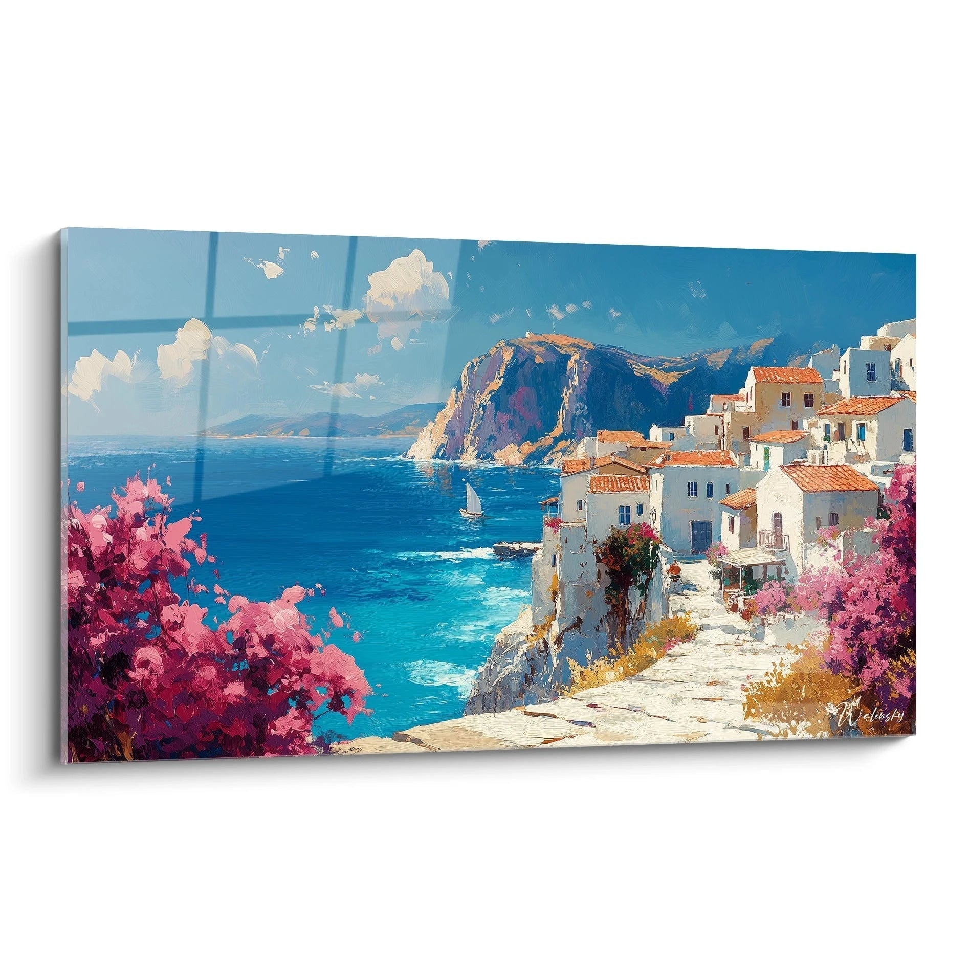 Un tableau méditerranéen représentant un village côtier aux maisons blanches perchées sur une falaise, avec des bougainvilliers roses au premier plan et une mer bleu profond s'étendant vers l'horizon montagneux.

