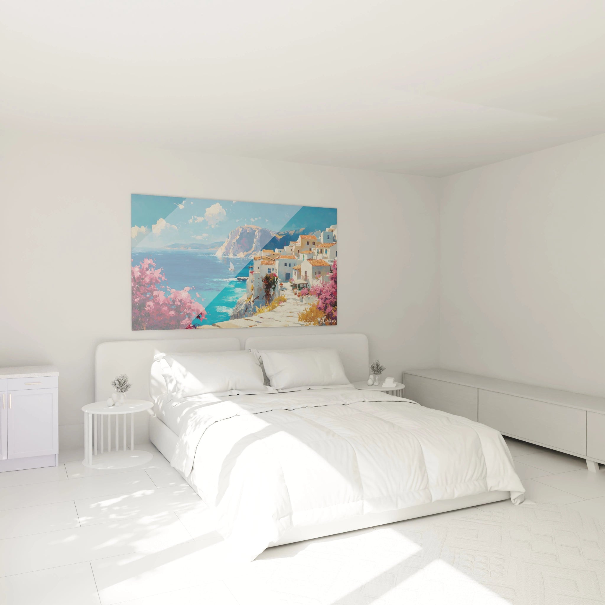 Un tableau paysage méditerranéen capturant l'architecture traditionnelle grecque avec des bâtiments blancs aux toits orangés, dominé par les contrastes entre la mer azur, la falaise ocre et les touches florales roses vives.
