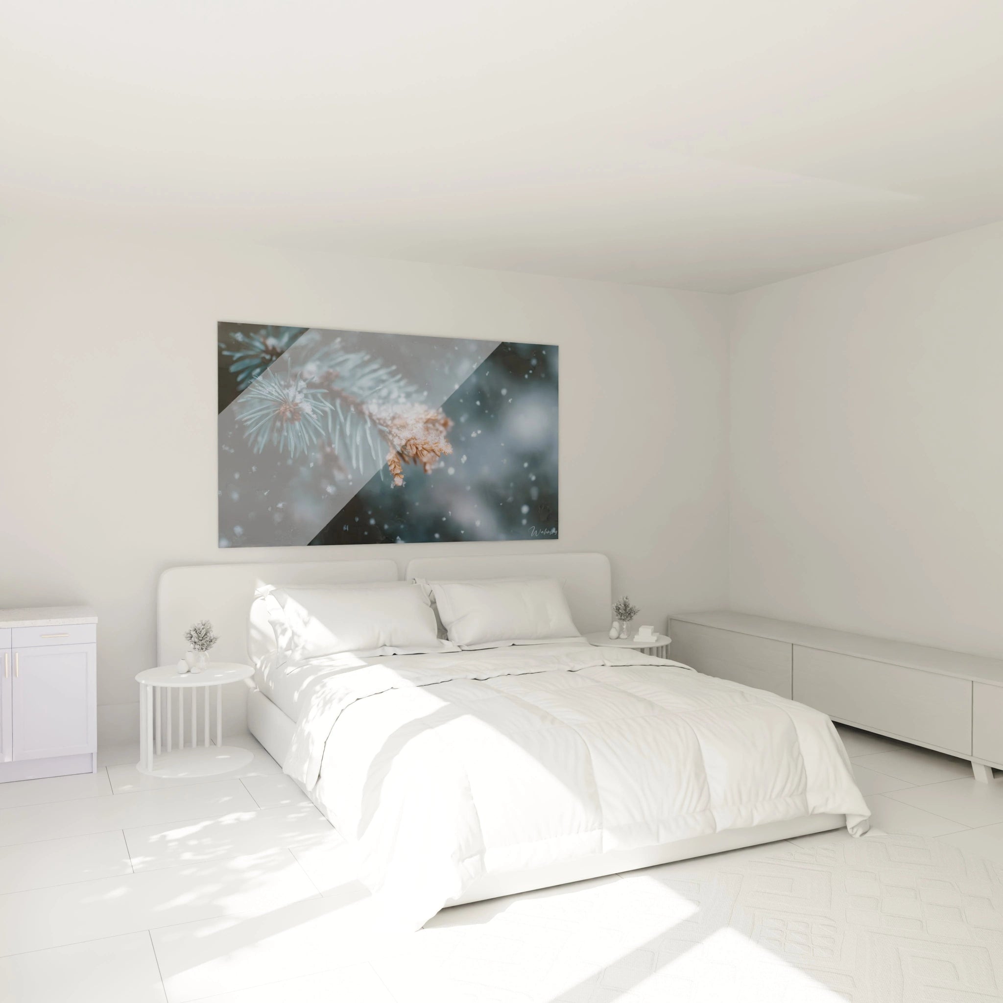 Tableau mural montrant branche de sapin gelée et neige au dessus d un lit minimaliste tableau sapin hivernal aiguille cristallisée
