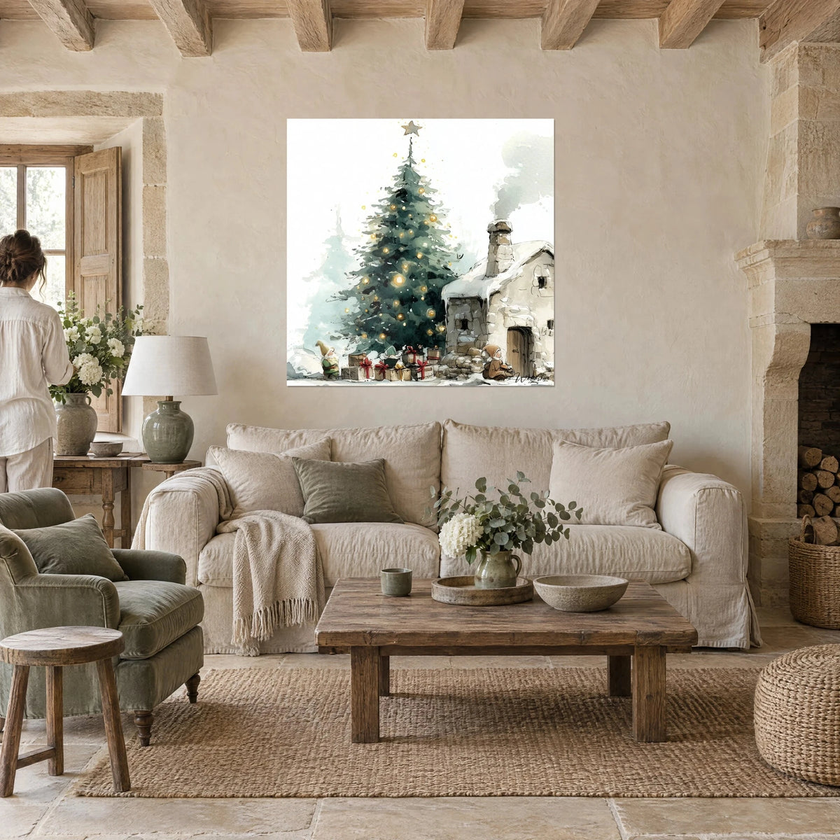 Wall art Christmas tree decorated with golden fairy lights, deep green and snowy white, above a sofa in a bright living room