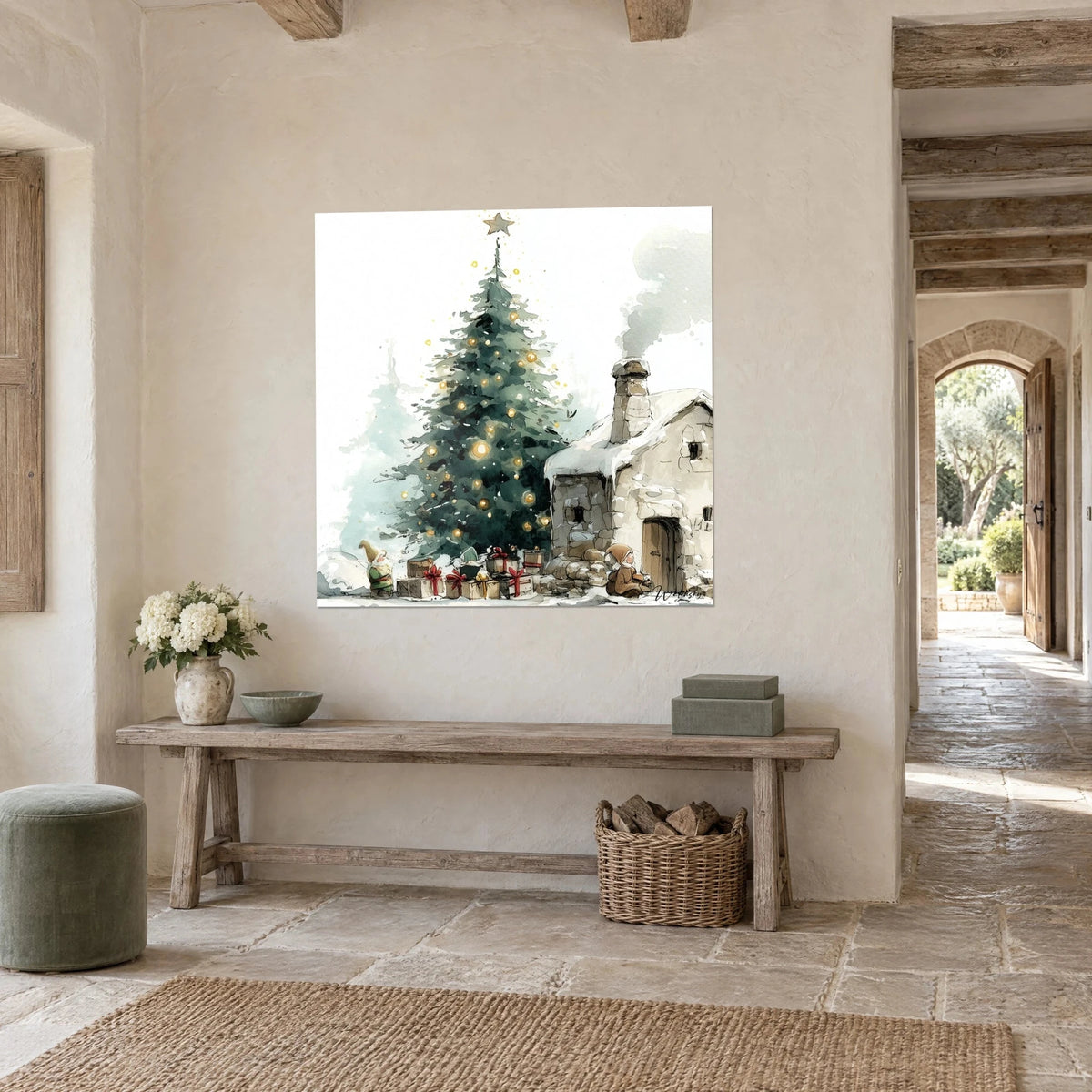 Wall art spruce dotted with amber lights in front of a snowy grey stone cottage, hanging on the wall, country house