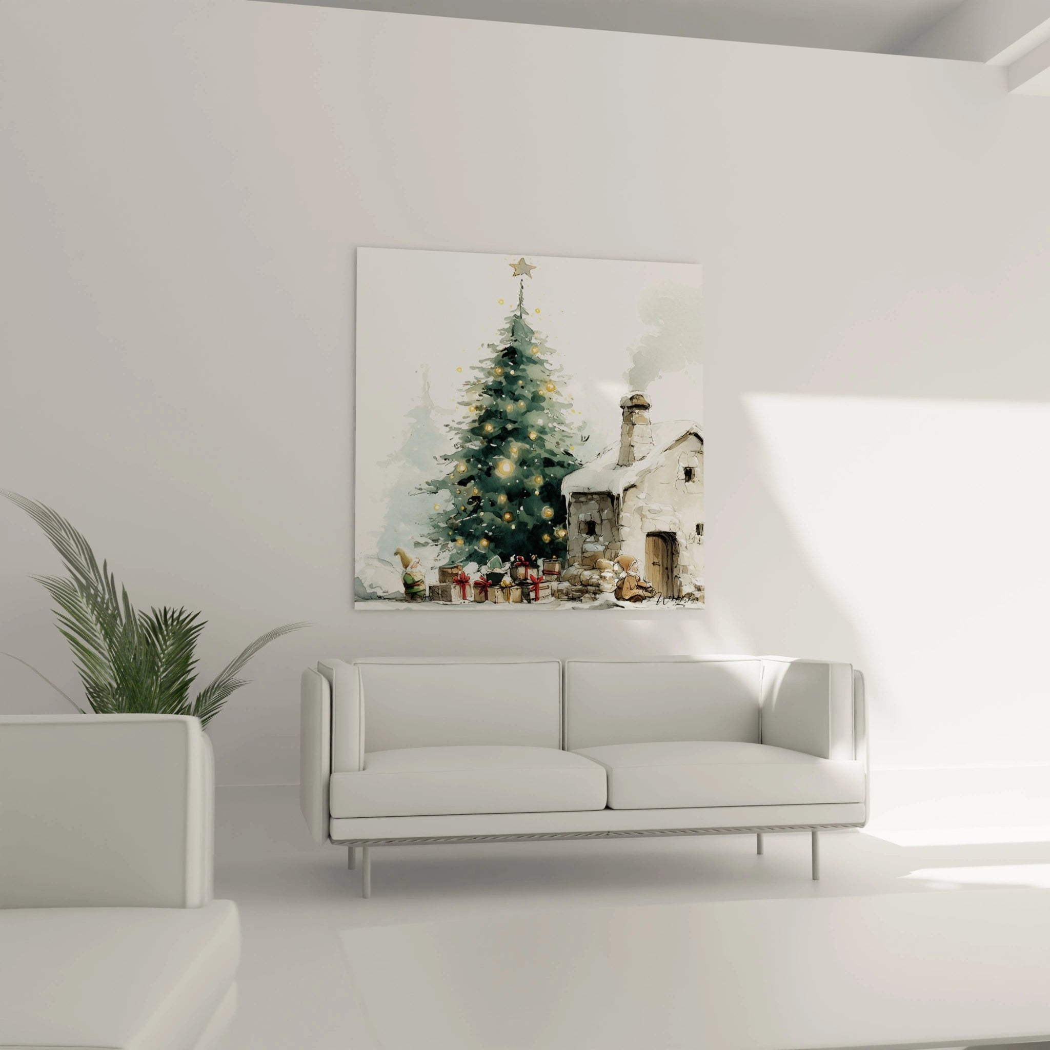 Tableau Noël sapin cadeaux avec une scène festive de maison et sapin de Noël décoré