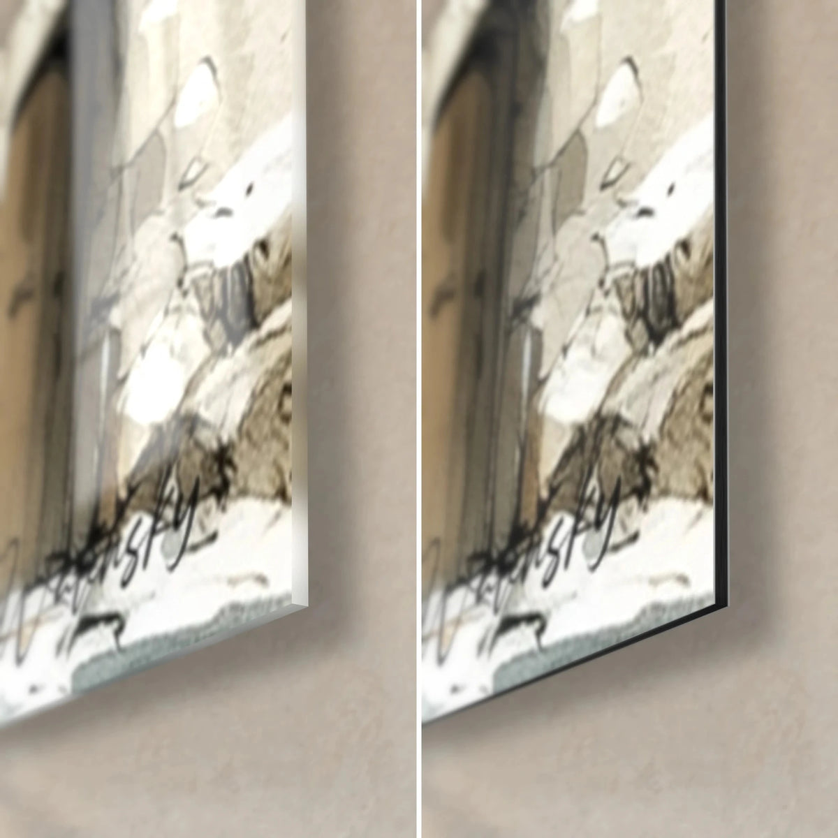 Wall art snow-covered fir in watercolour, bottom right corner: glossy glass with reflections, matte Dibond aluminium, 3 mm black edge