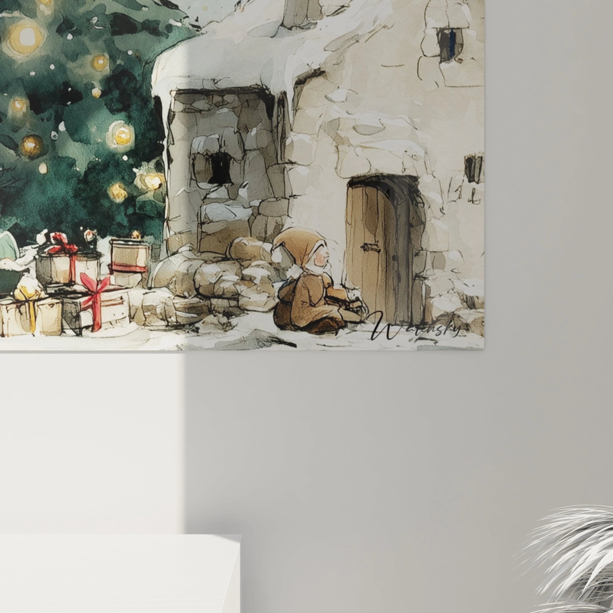 Tableau Noël sapin cadeaux illustrant un enfant heureux devant un sapin illuminé et des cadeaux