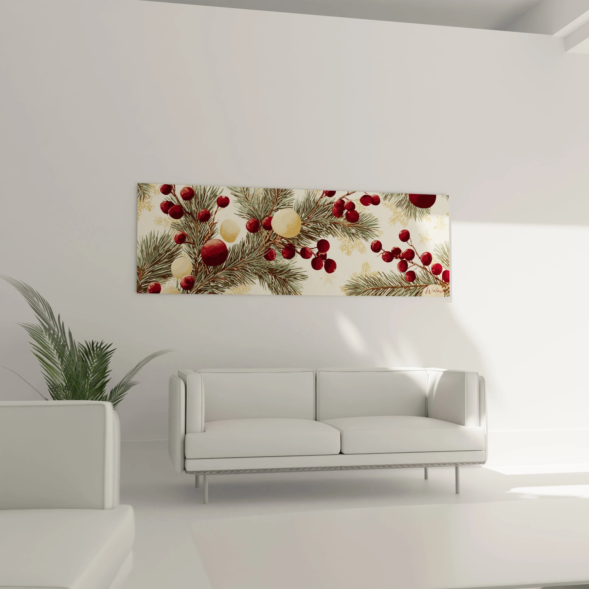 Tableau mural sapin de Noël avec des baies rouges et des ornements sur fond neutre