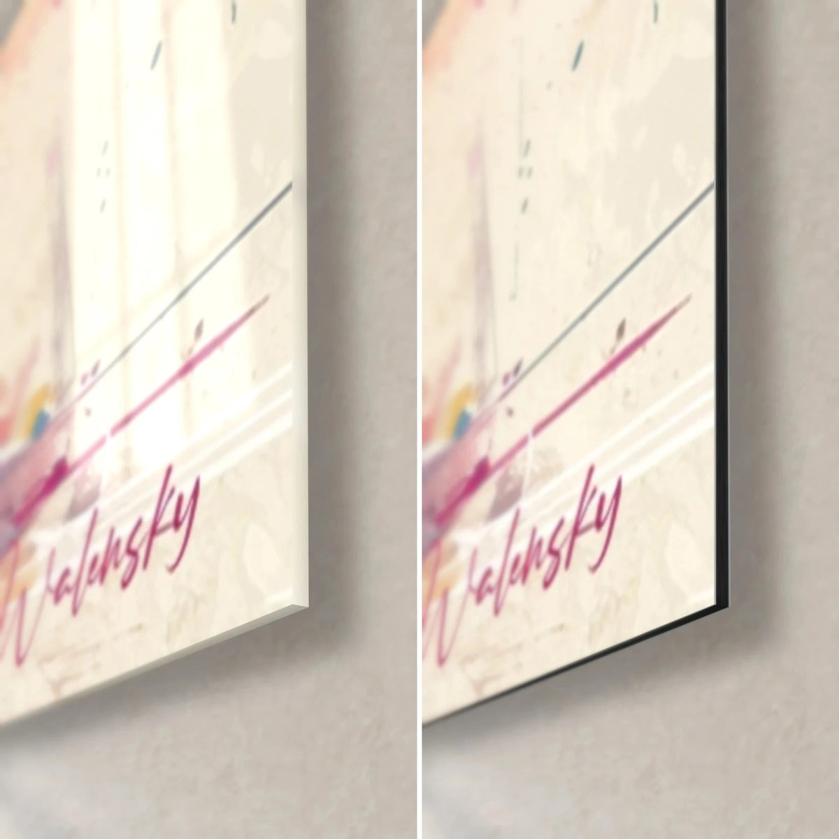 Cuadro abeto en pintura salpicada, esquina inferior derecha: firma Walensky rosa sobre crema, cristal brillante a la izquierda, Dibond negro mate a la derecha