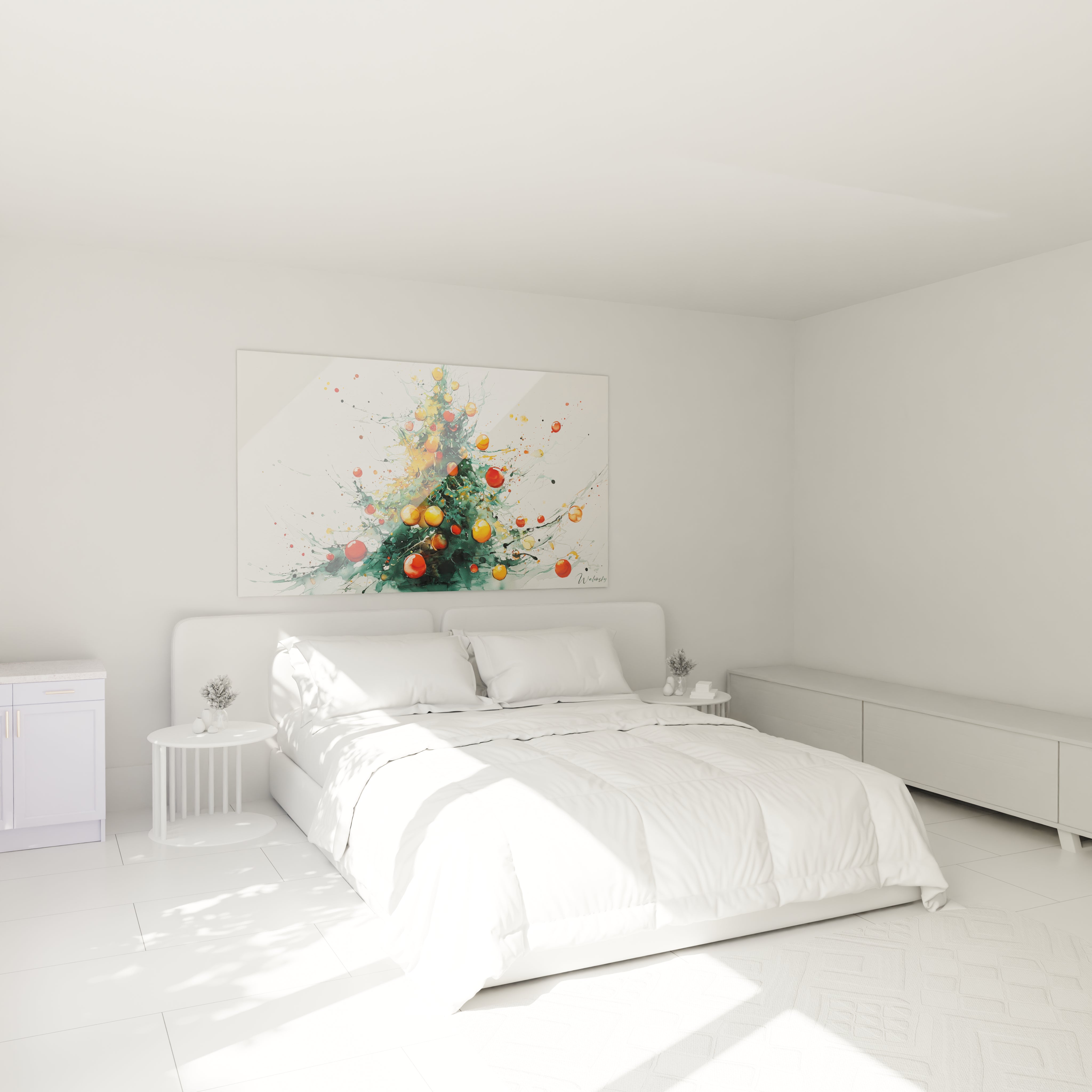 Tableau sapin de Noël aquarelle sur mur blanc dans une chambre moderne avec lit et meubles minimalistes
