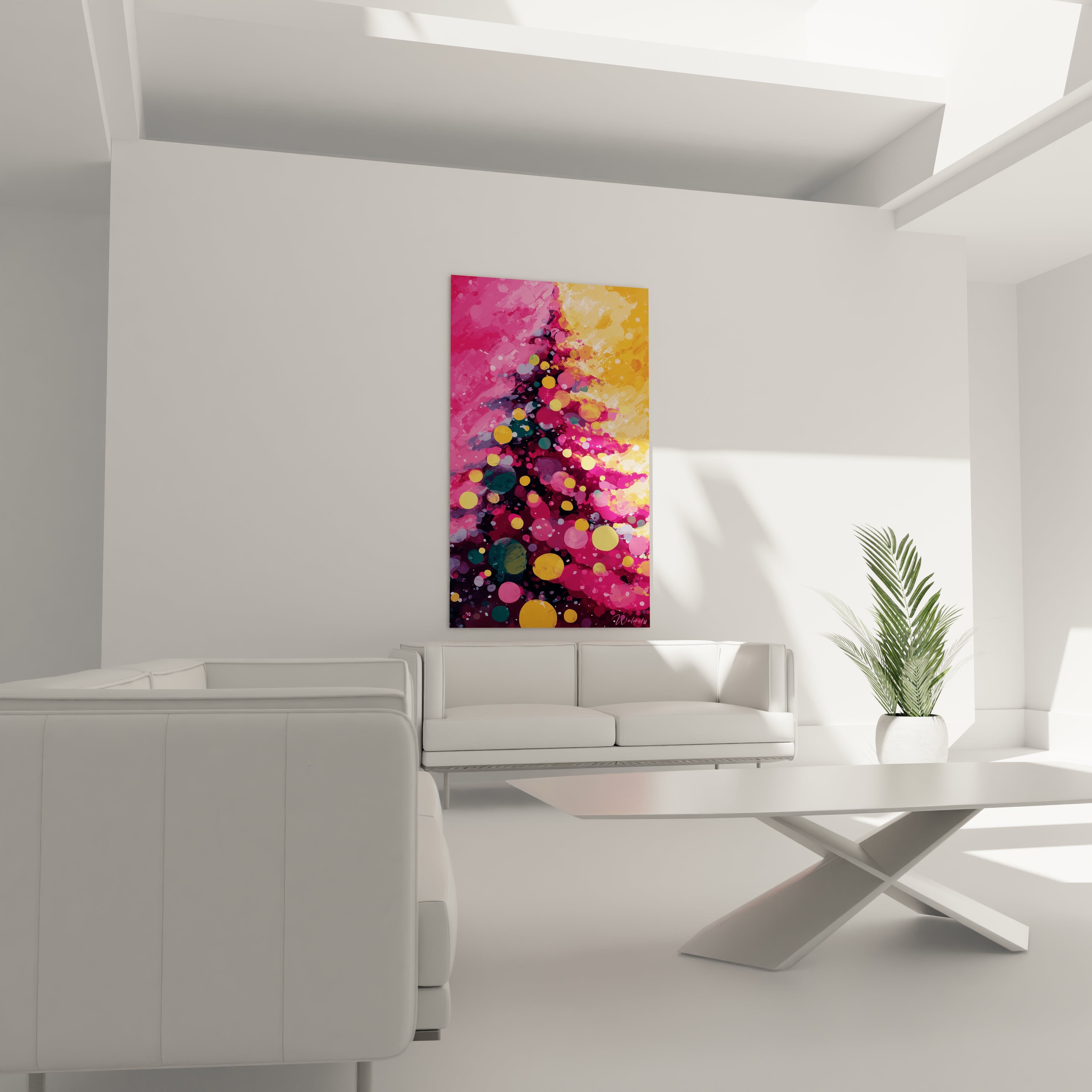 Tableau mural sapin de Noël rose et or avec des motifs colorés pour une décoration festive