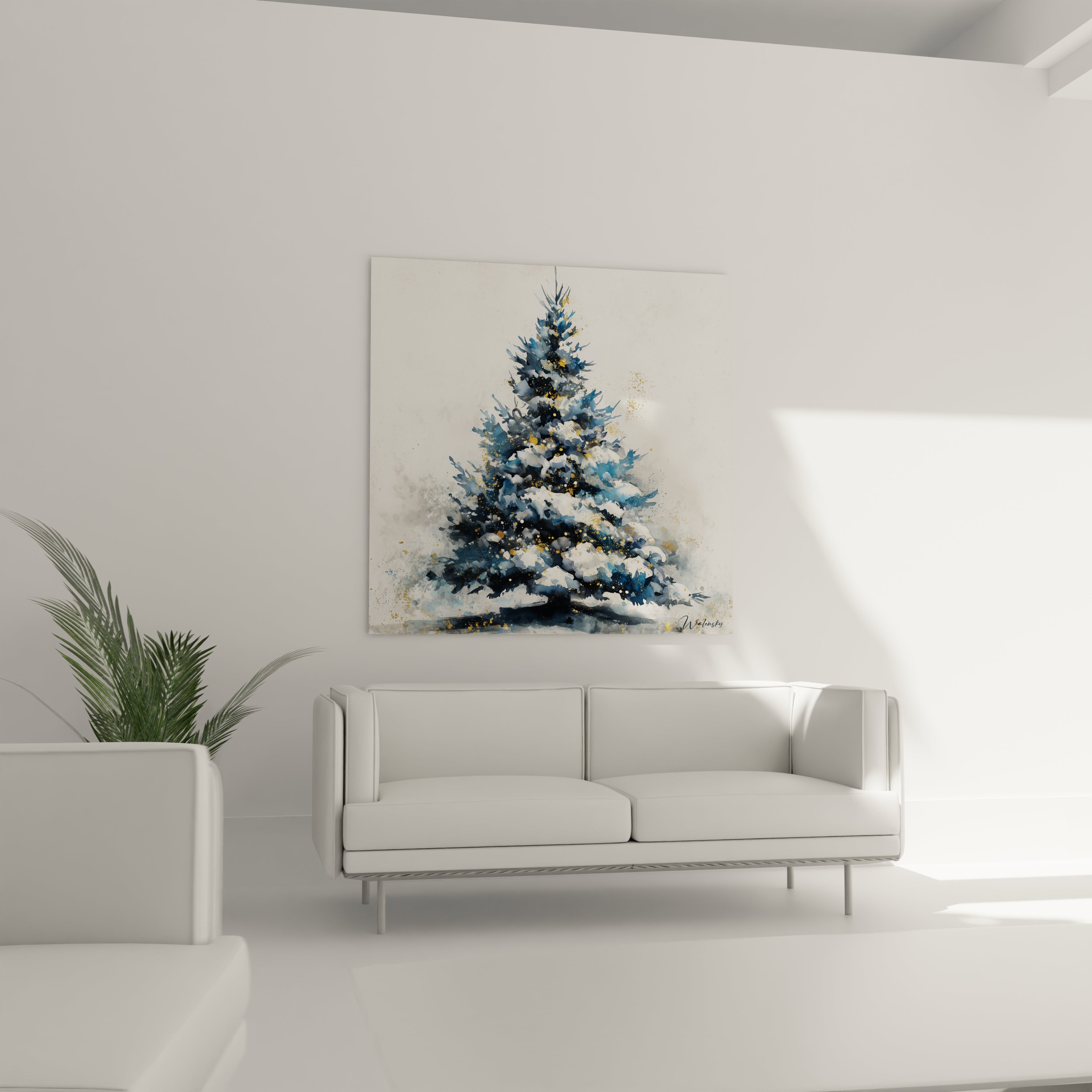 Tableau mural sapin de Noël peint avec des couleurs bleu et blanc pour décorer votre intérieur
