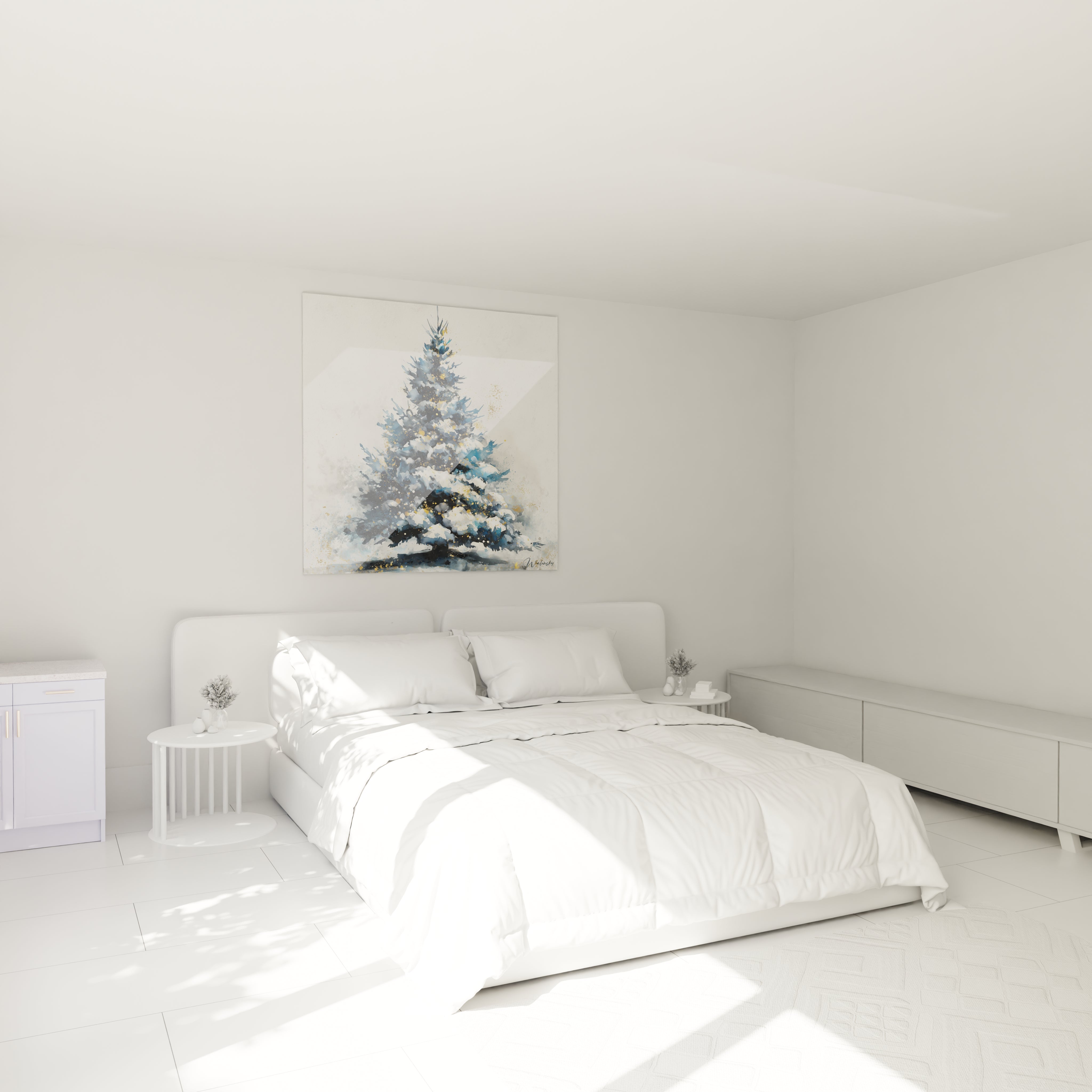 Tableau mural sapin de Noël dans une chambre moderne avec un lit blanc et une décoration minimaliste