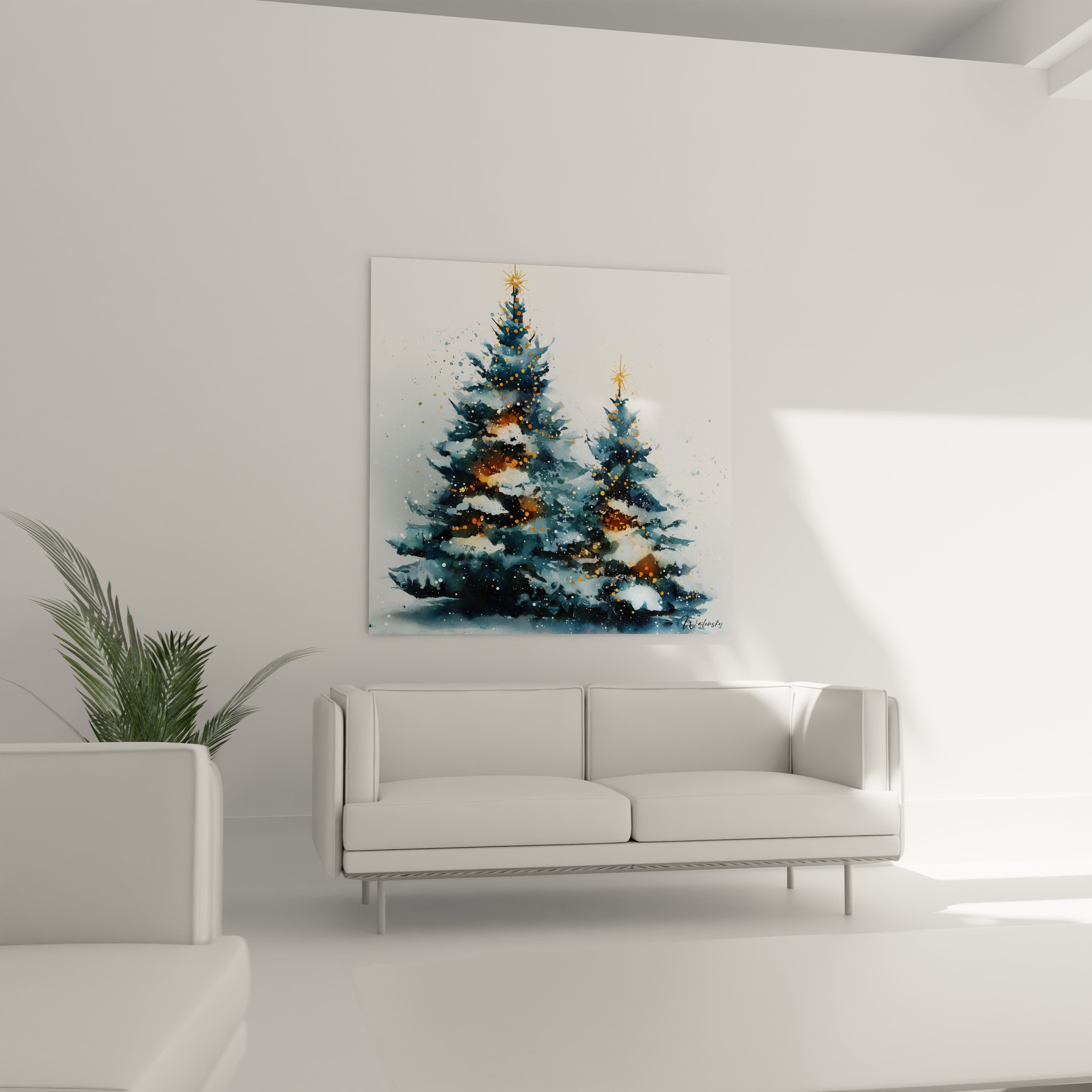 Tableau mural sapin de Noël avec des arbres décorés en aquarelle sur un mur moderne