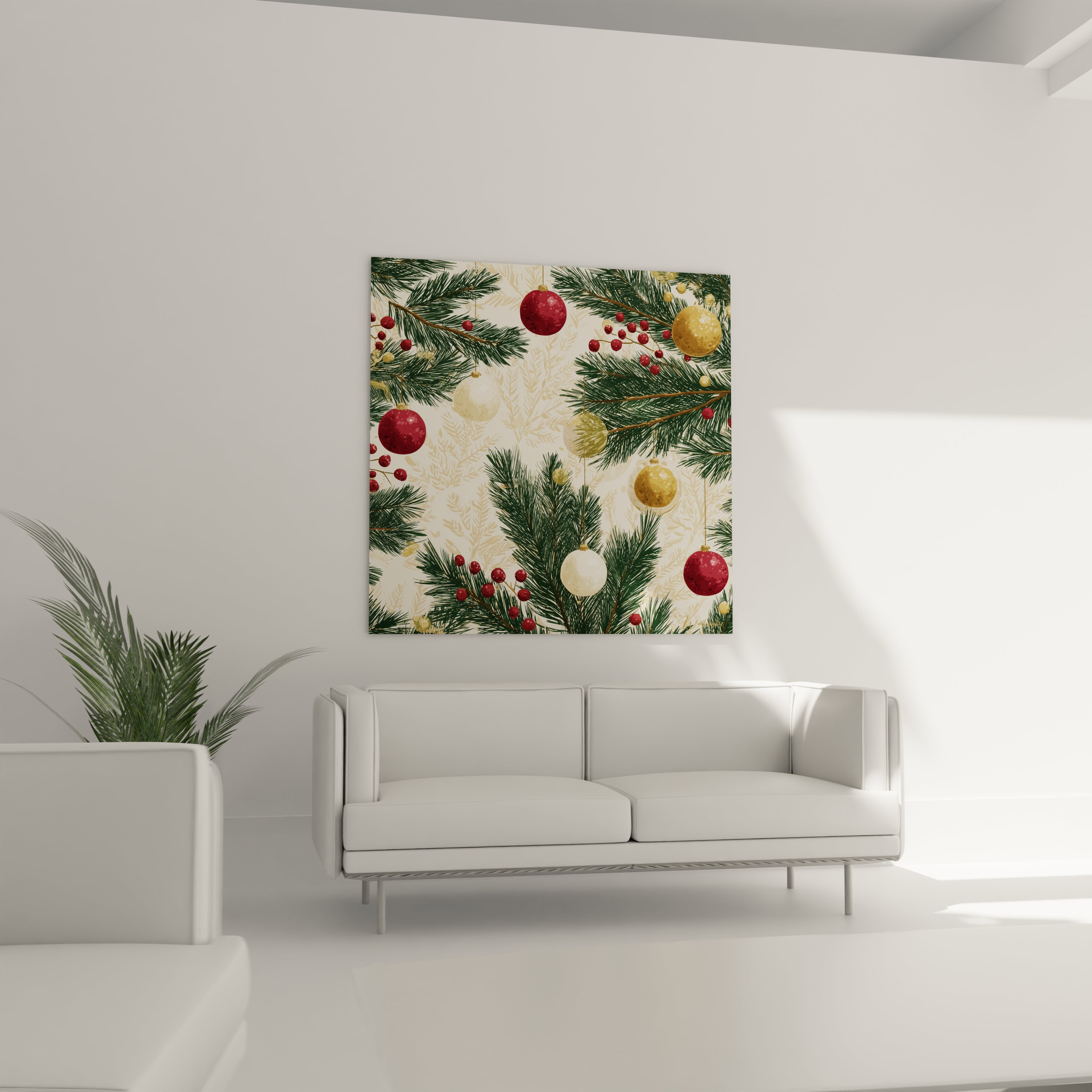 Tableau mural sapin de Noël avec des décorations rouges et dorées sur un fond clair