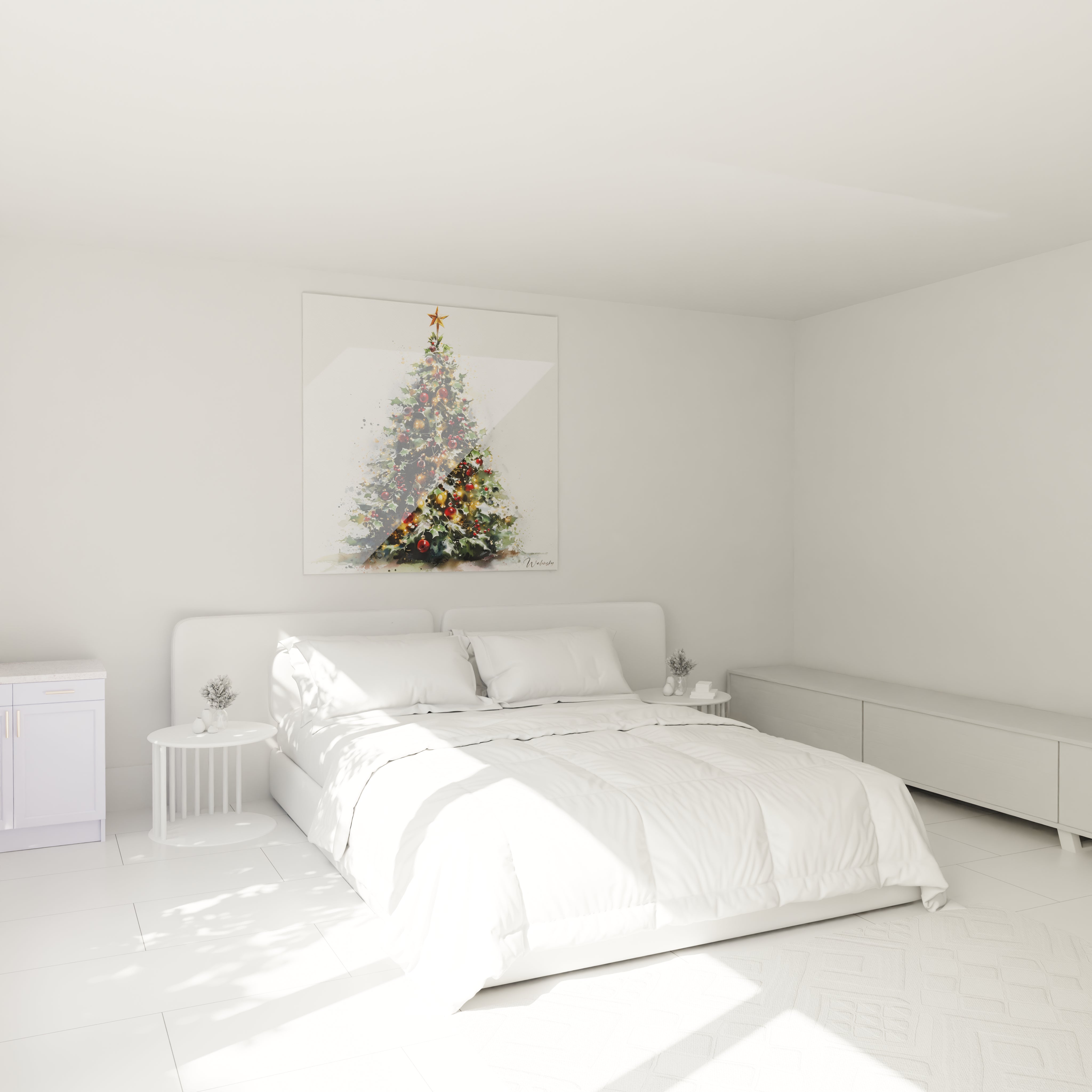 Tableau mural sapin de Noël haut de gamme dans une chambre moderne avec lit blanc