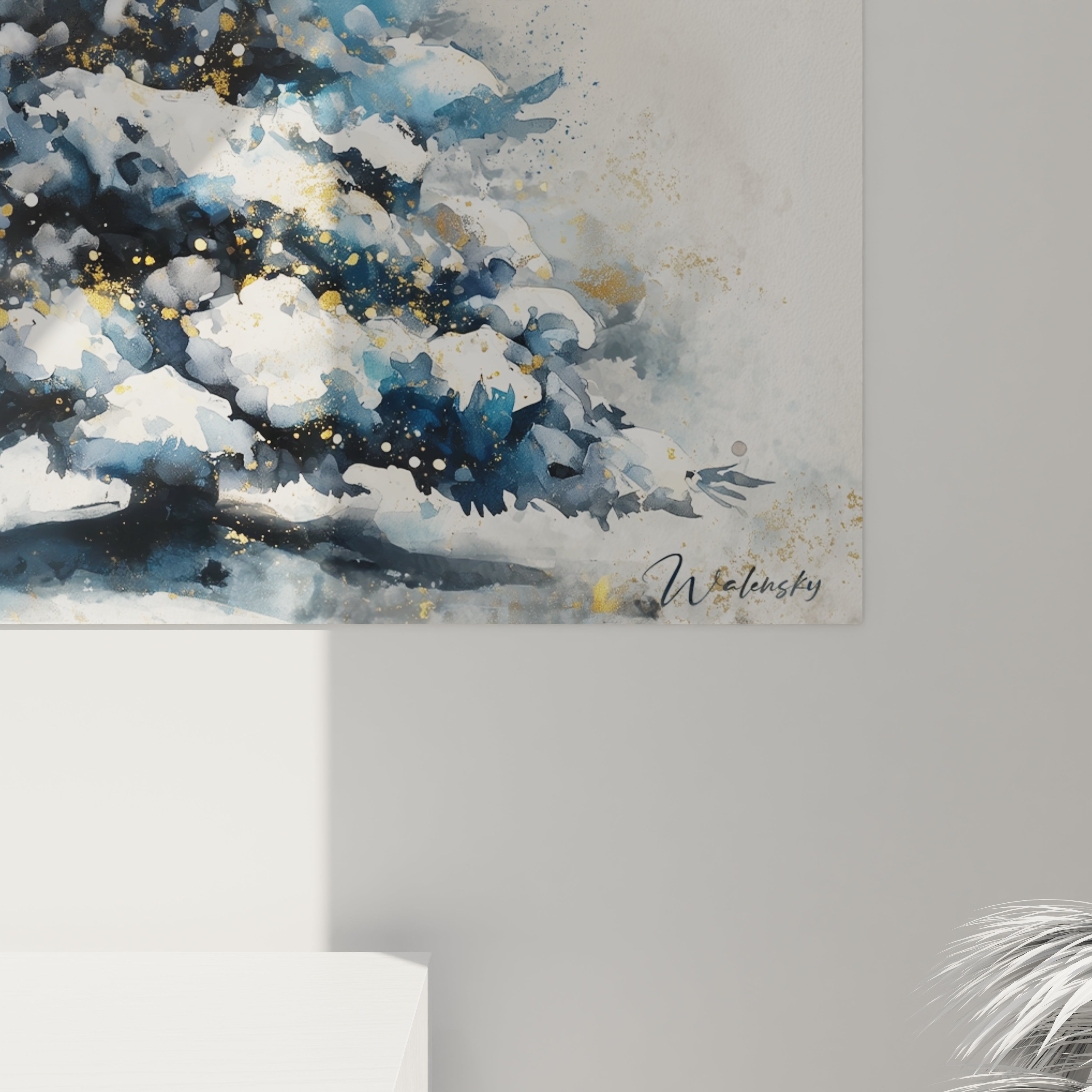 Tableau mural Walensky représentant un tableau sapin de Noël avec des touches de bleu et or