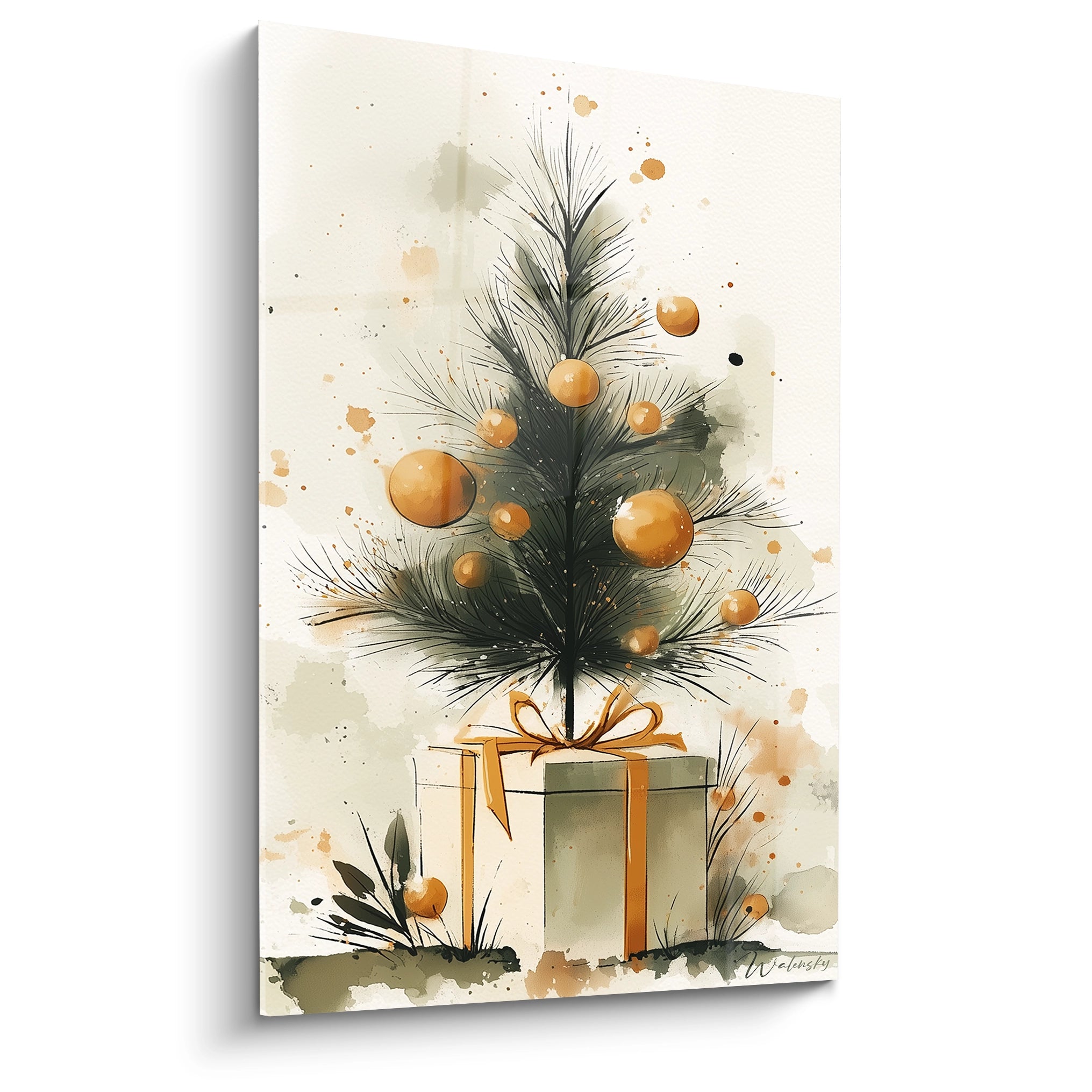 Tableau mural sapin de Noël doré avec des décorations et un cadeau sous l'arbre