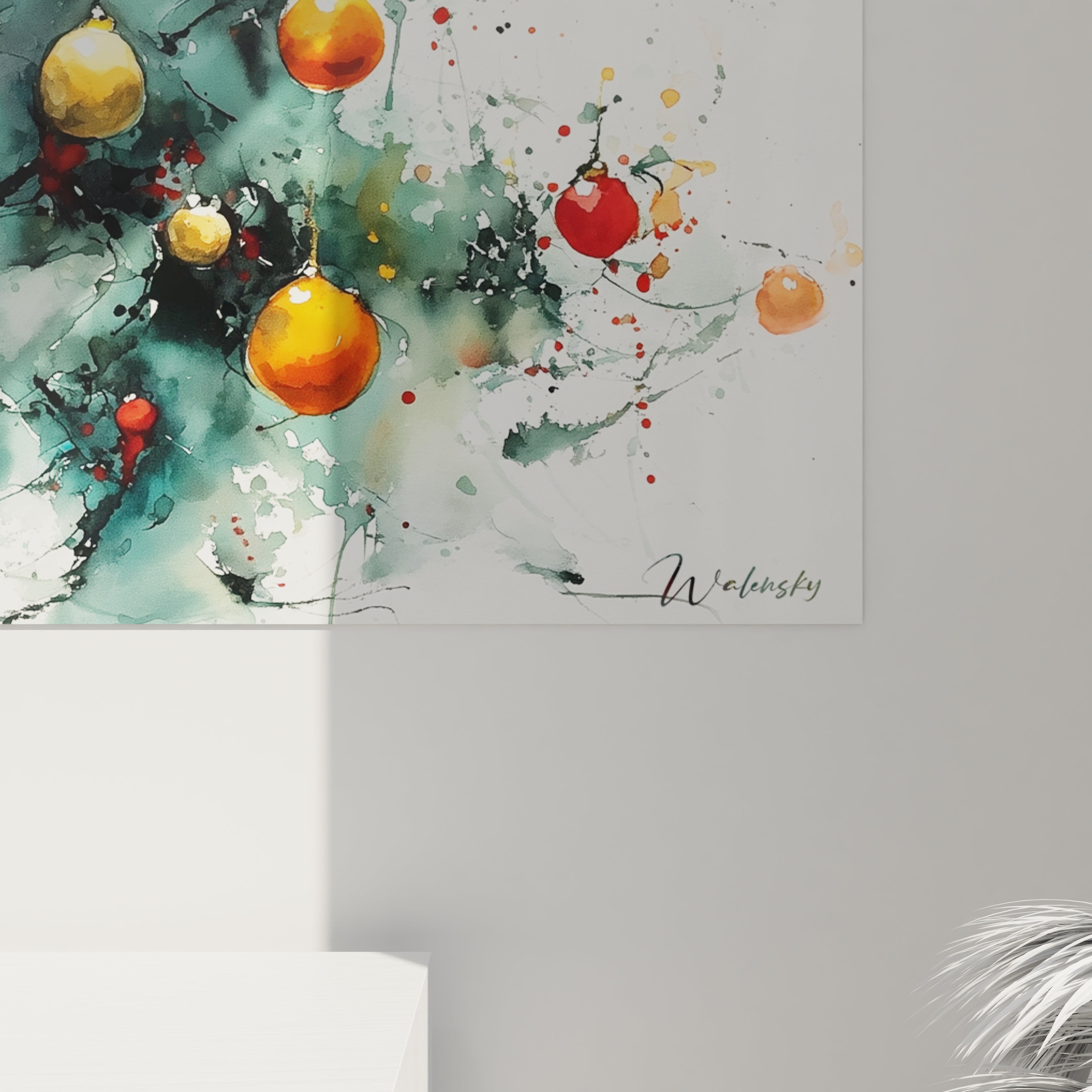 Tableau mural sapin de Noël haut de gamme avec des décorations colorées et un design artistique