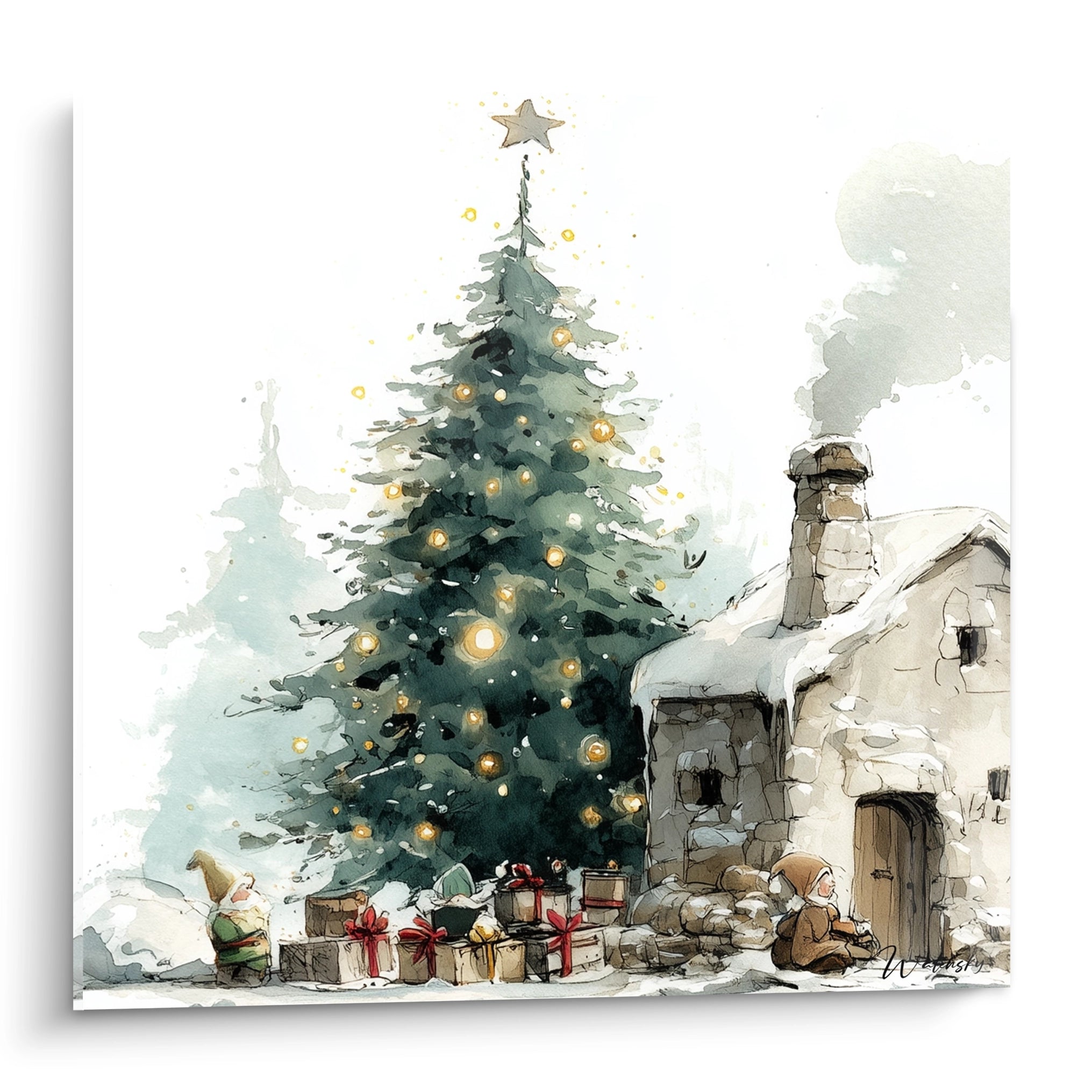 Tableau Noël sapin cadeaux avec un sapin décoré et des lutins près d'une maison en hiver