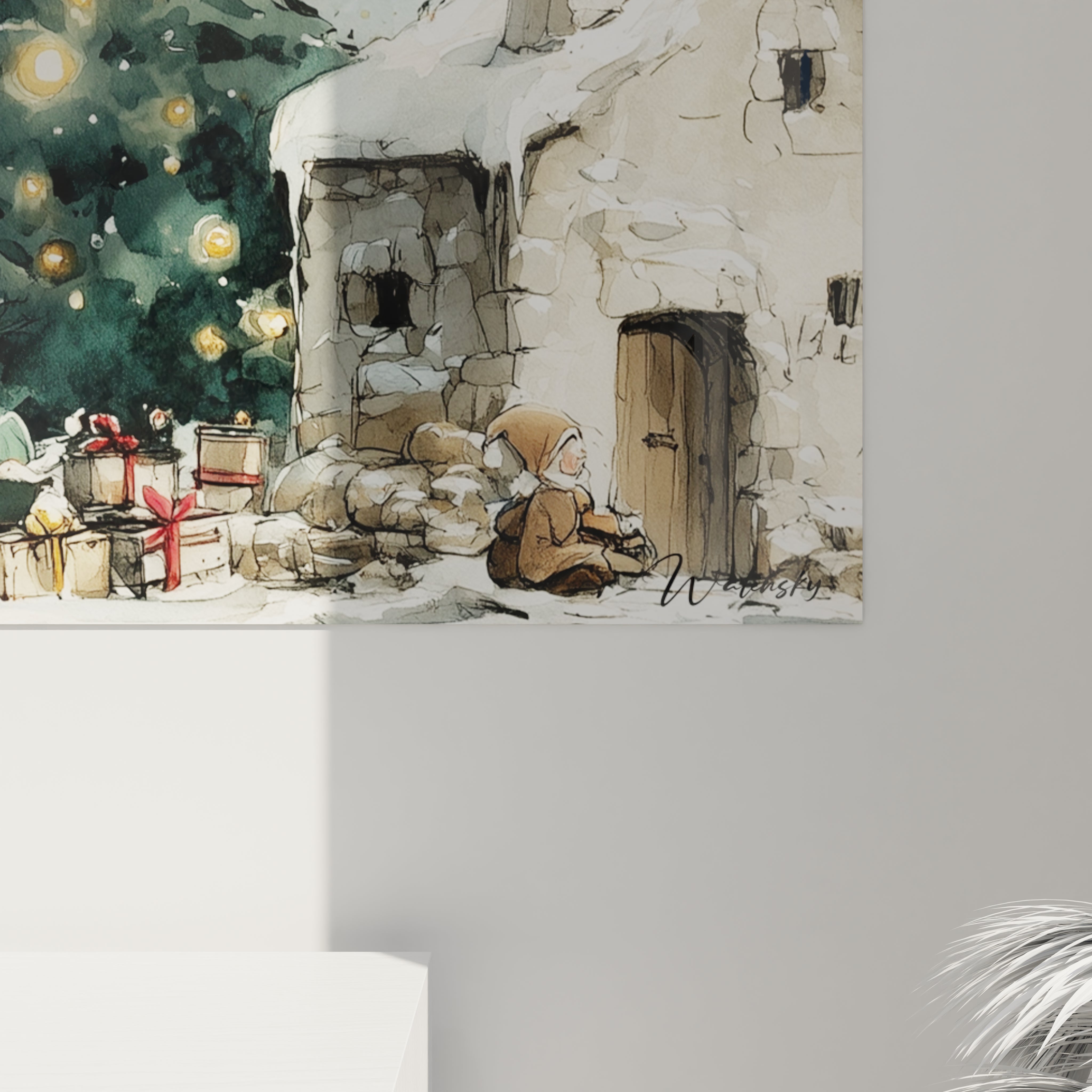 Tableau Noël sapin cadeaux illustrant un enfant heureux devant un sapin illuminé et des cadeaux