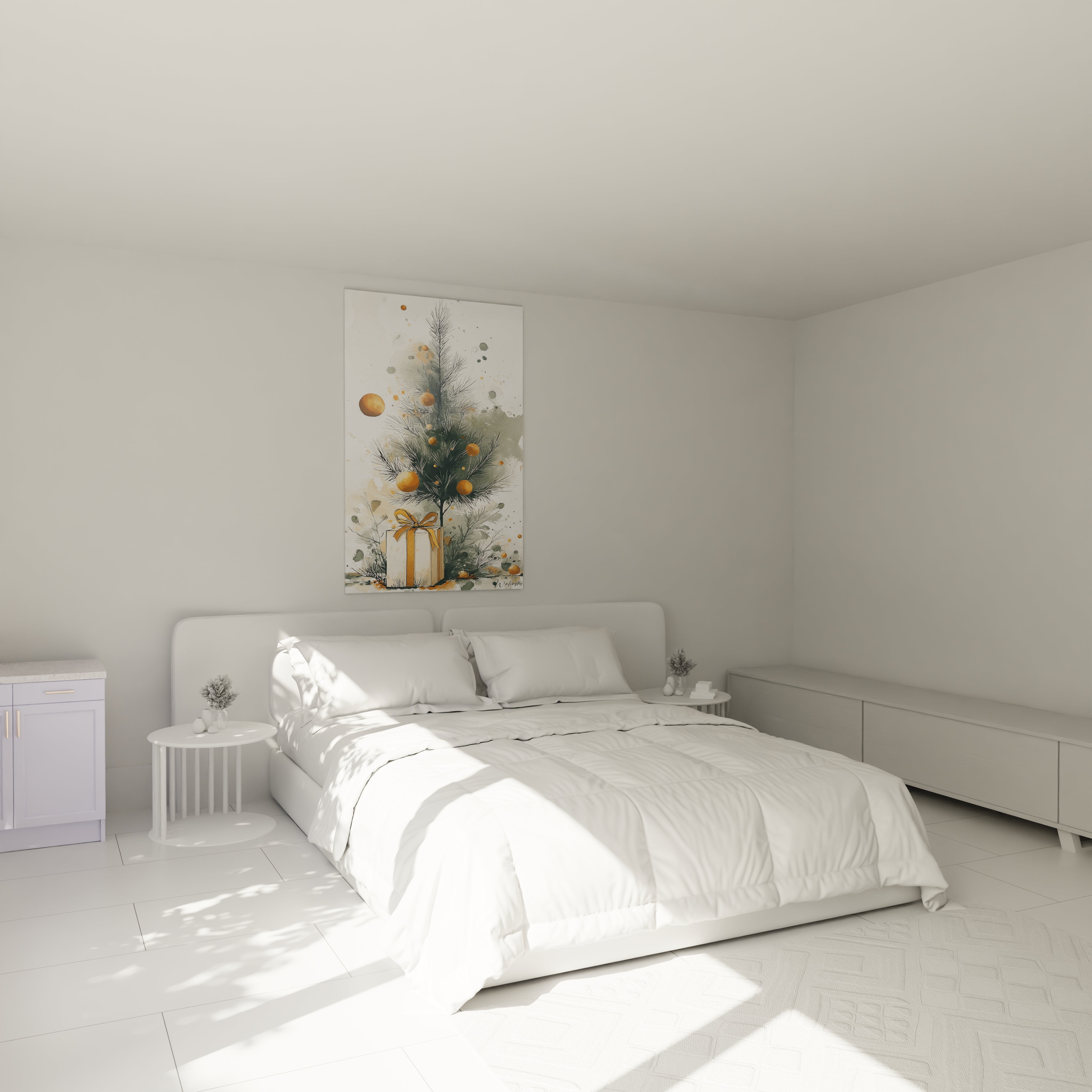 Tableau mural sapin de Noël moderne décorant une chambre lumineuse avec une ambiance contemporaine